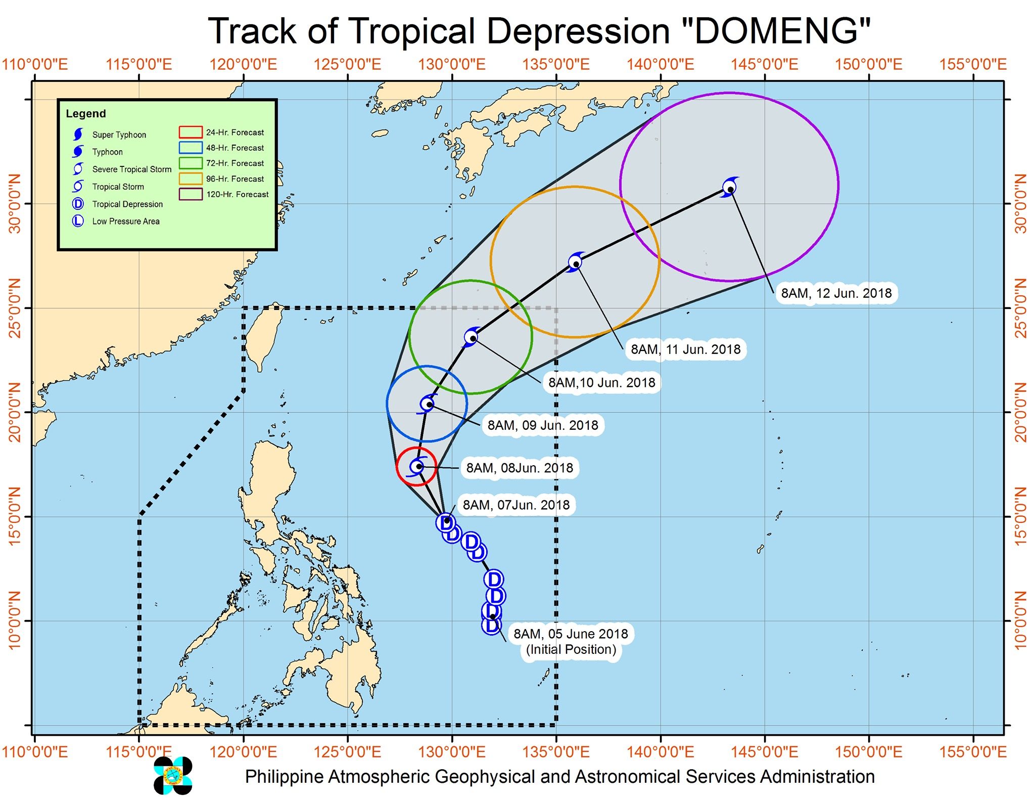 Forecast track of Tropical Depression Domeng as of June 7, 2018, 11 am. Image courtesy of PAGASA 