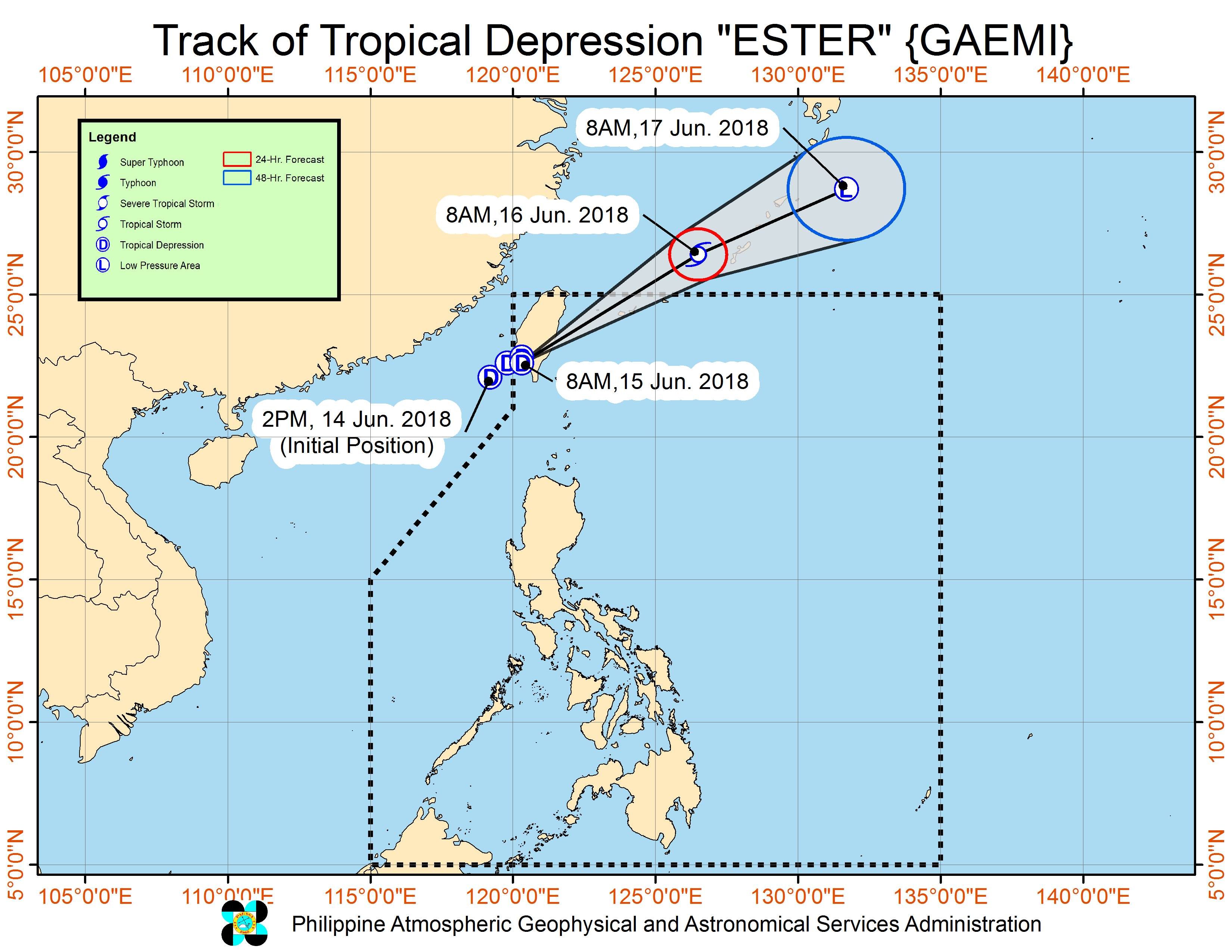 Forecast track of Tropical Depression Ester as of June 15, 2018, 11 am. Image courtesy of PAGASA 