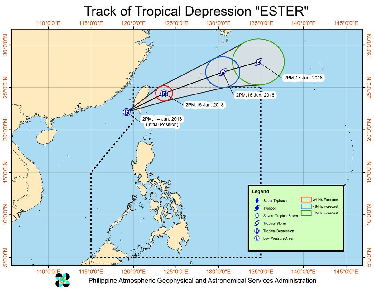 Forecast track of the tropical depression which will be named Ester, as of June 14, 2018, 4 pm. Image courtesy of PAGASA 