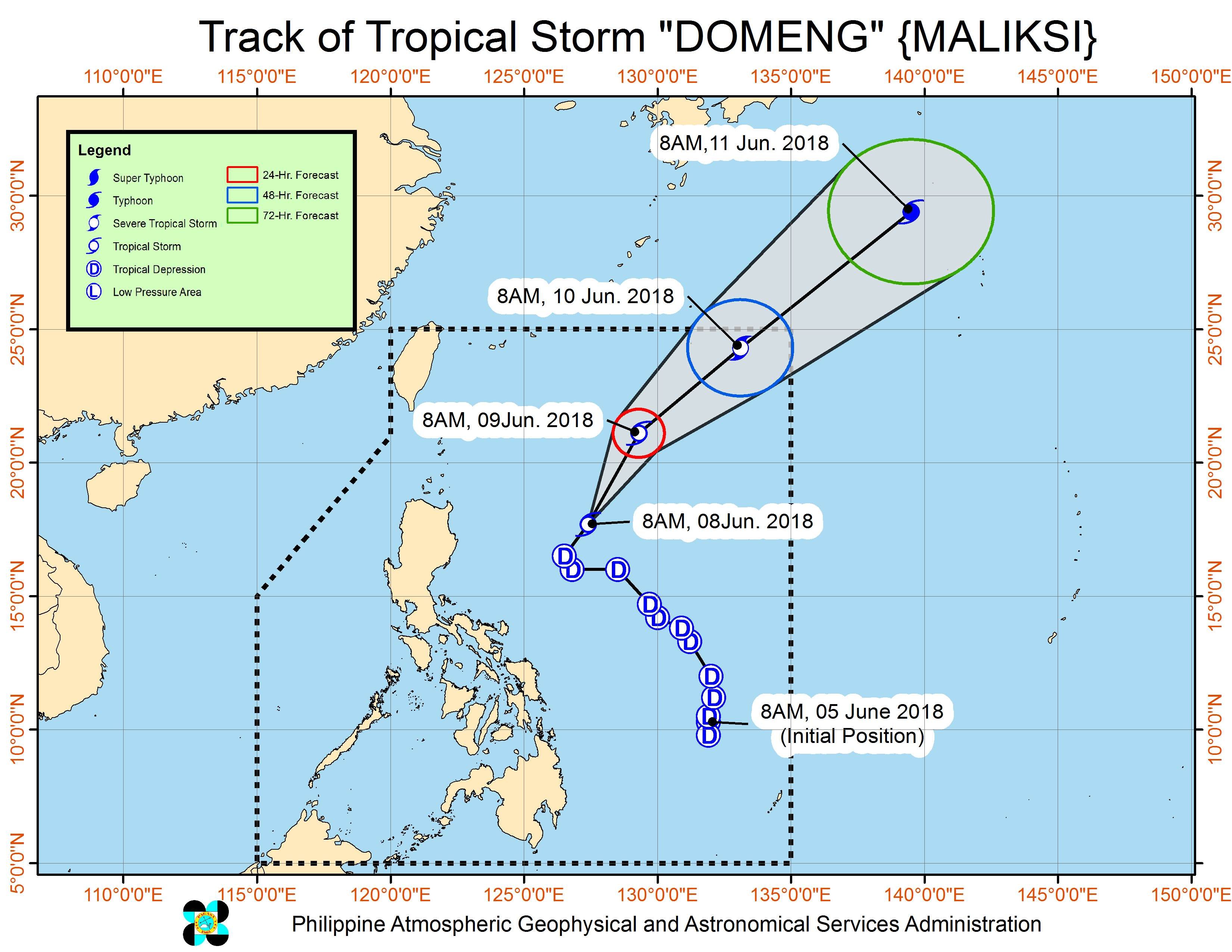 Forecast track of Tropical Storm Domeng (Maliksi) as of June 8, 2018, 11 am. Image courtesy of PAGASA 