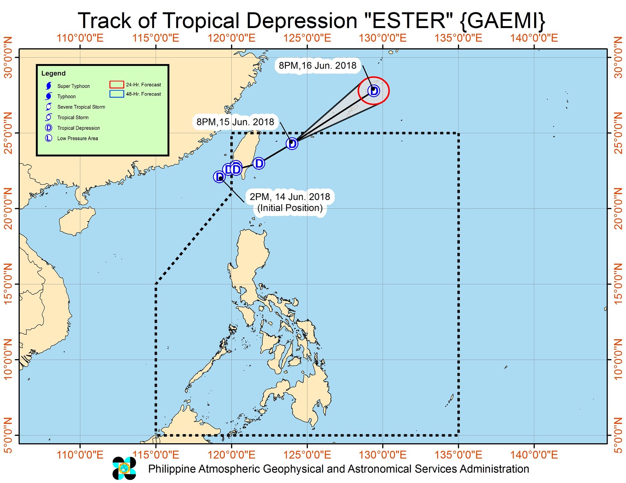Forecast track of Tropical Depression Ester as of June 15, 2018, 11 pm. Image courtesy of PAGASA 