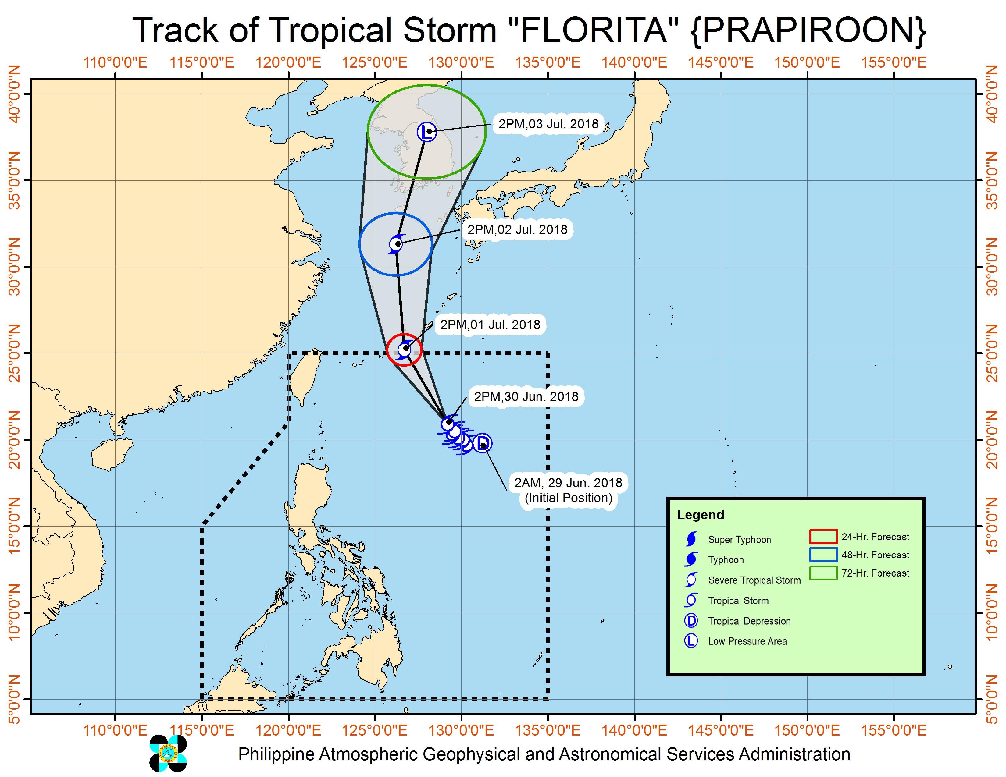 Forecast track of Tropical Storm Florita (Prapiroon) as of June 30, 2018, 4 pm. Image courtesy of PAGASA 