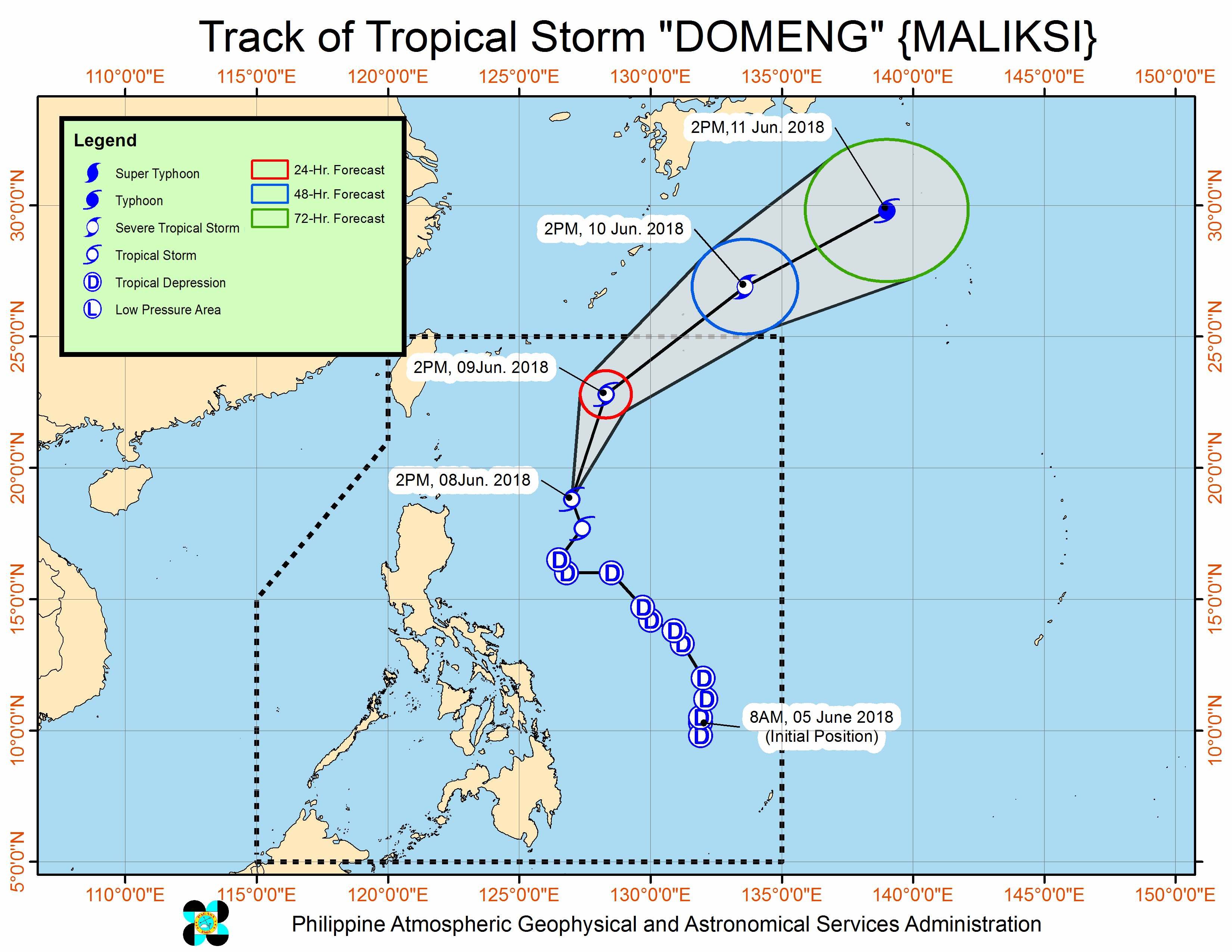 Forecast track of Tropical Storm Domeng (Maliksi) as of June 8, 2018, 5 pm. Image courtesy of PAGASA 