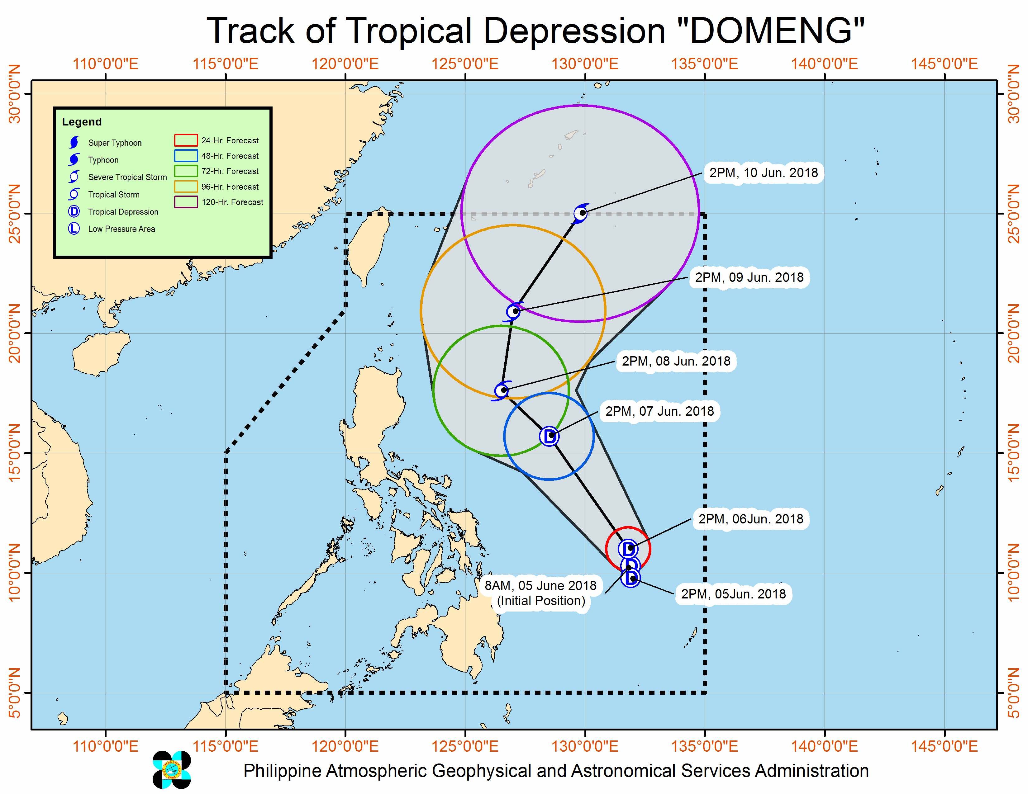 Forecast track of Tropical Depression Domeng as of June 5, 2018, 5 pm. Image courtesy of PAGASA 
