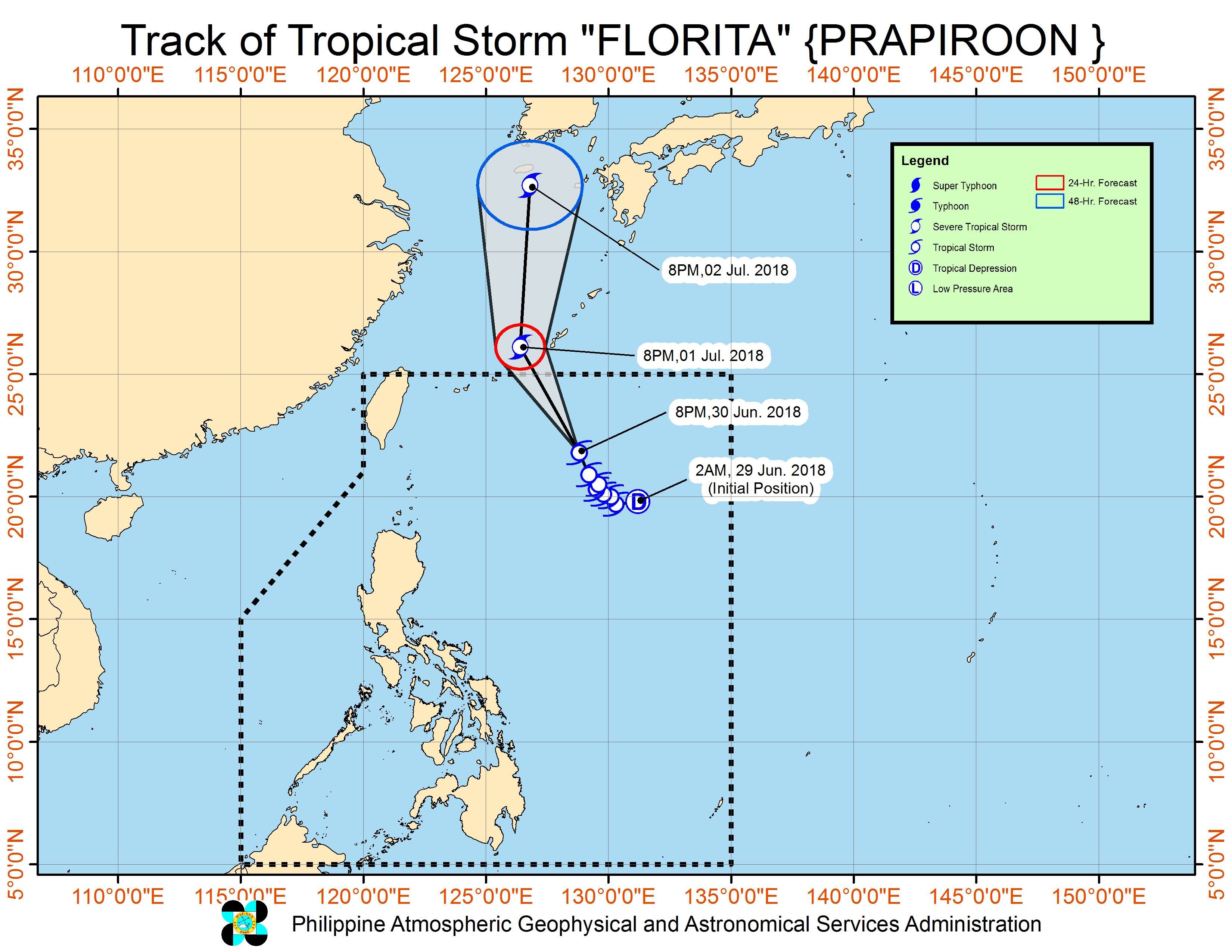 Forecast track of Tropical Storm Florita (Prapiroon) as of June 30, 2018, 11 pm. Image courtesy of PAGASA 