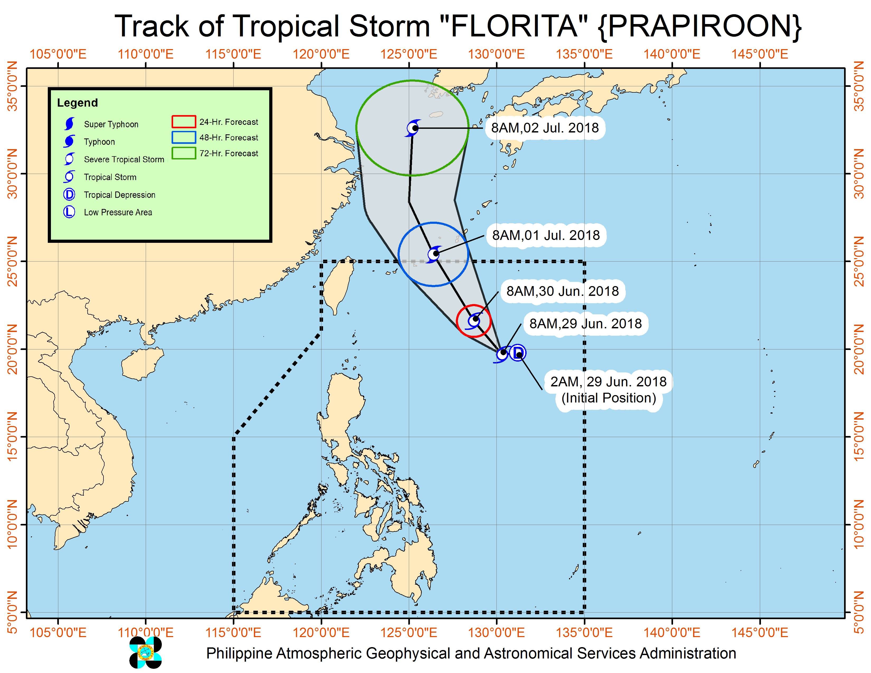 Forecast track of Tropical Storm Florita (Prapiroon) as of June 29, 2018, 11 am. Image courtesy of PAGASA 