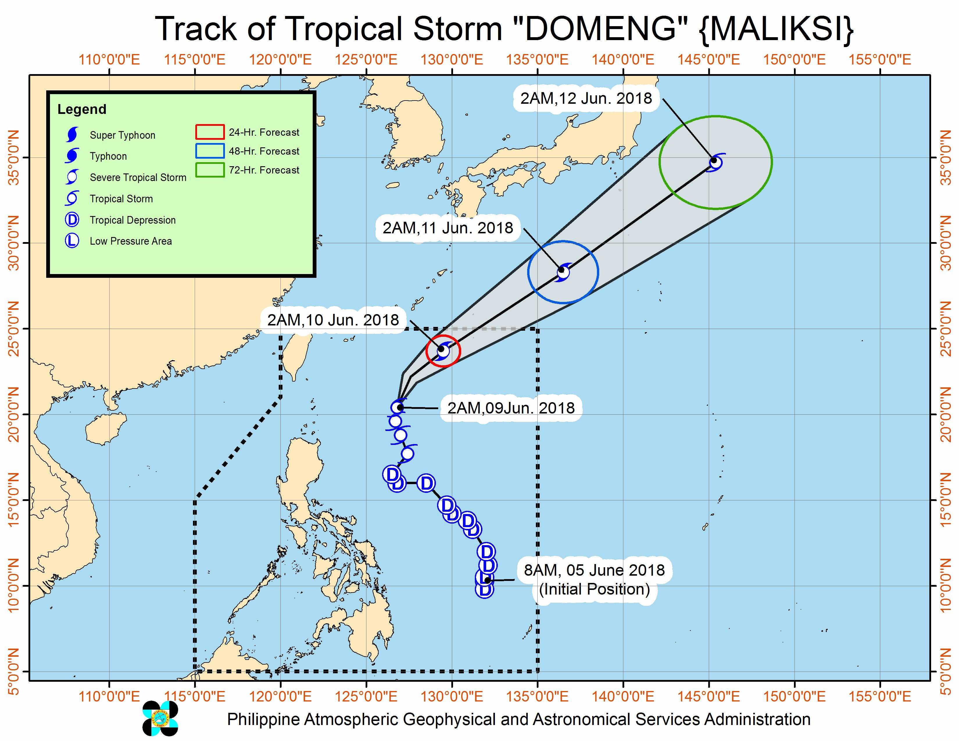 Forecast track of Tropical Storm Domeng (Maliksi) as of June 9, 2018, 4 am. Image courtesy of PAGASA 