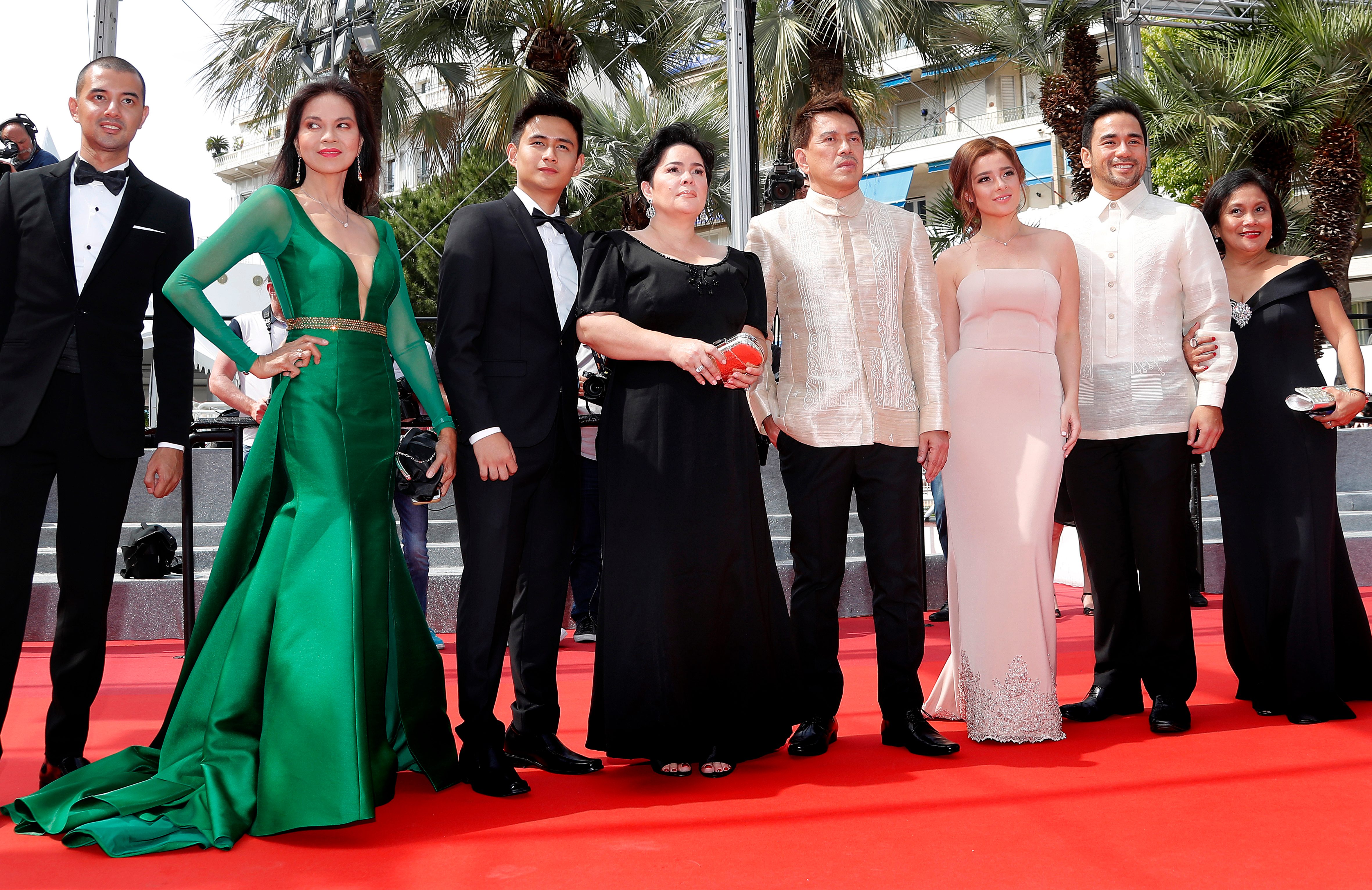 (L-R) Screenwriter Troy Espiritu, actress Maria Isabel Lopez, actor Jomari Angeles, actress Jaclyn Jose, director Brillante Mendoza, actress Andi Eigenmann, actor Neil Ryan P.Sese and actress Ruby Ruiz arrive for the screening of 'Ma'Rosa' during the 69th annual Cannes Film Festival. Photo by Sebastien Nogier/EPA 