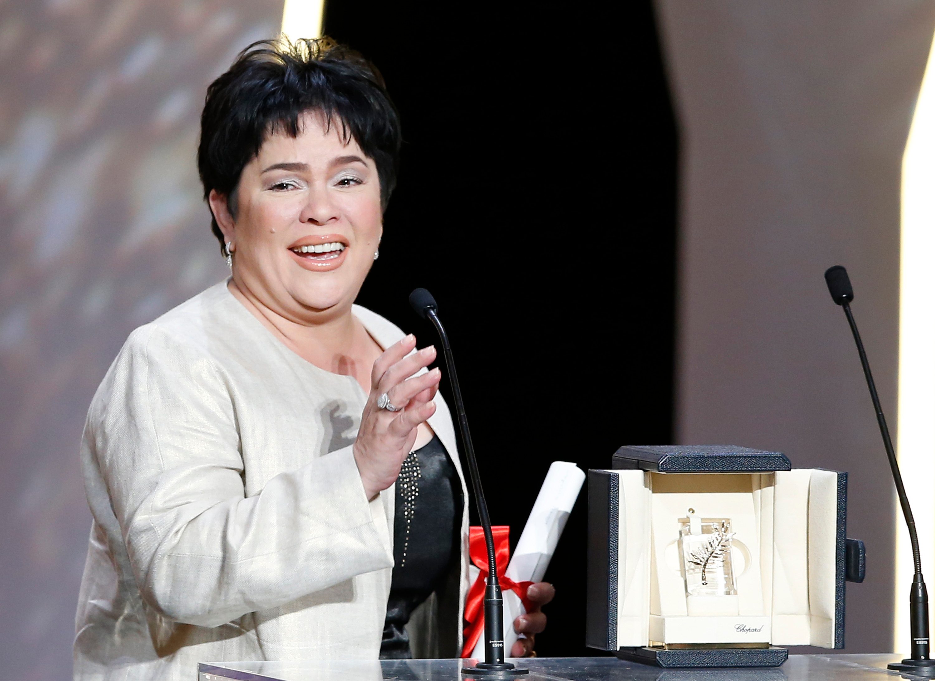 Jaclyn Jose reacts as she receives the Best Performance by an Actress award for 'Ma'Rosa' during the Closing Award Ceremony of the 69th Cannes Film Festival, in Cannes, France, 22 May 2016.  Photo by Guillaume Horcajuelo/EPA  