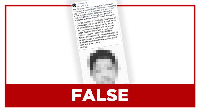 FALSE: DOH, immigration ‘bulletin vs Chinese man who fled virus quarantine’