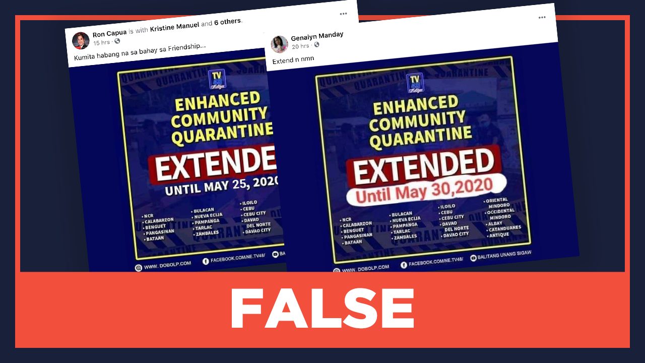 FALSE: Enhanced community quarantine extended after May 15