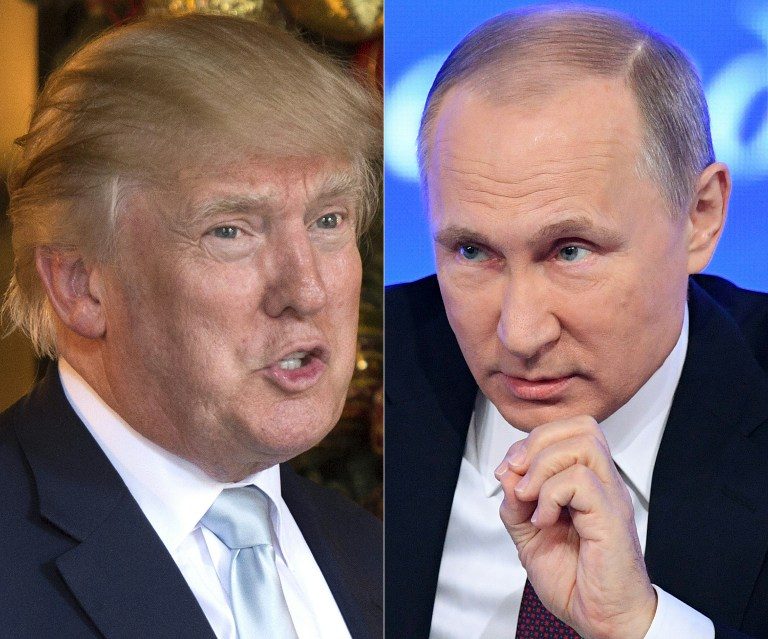 MEETING SOON? This combination of pictures created on December 30, 2016 shows a file photo taken on December 28, 2016 of US President-elect Donald Trump (L) in Palm Beach, Florida; and a file photo taken on December 23, 2016, of Russian President Vladimir Putin speaking in Moscow. Don Emmert and Natalia Kolesnikova/AFP 