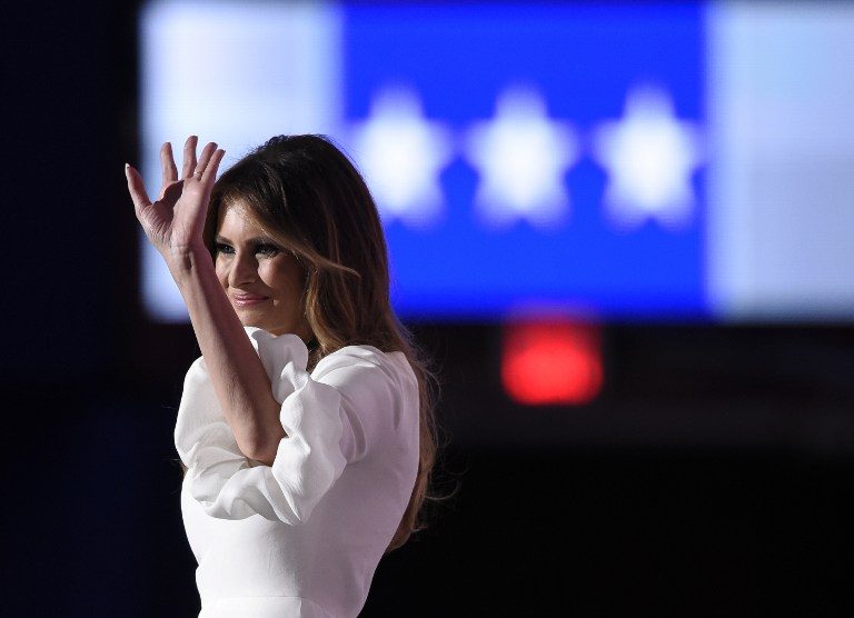 FIRST LADY. In this file photo, Donald Trump's wife Melania waves to delegates as she arrives on stage for an address during the evening session of the Republican National Convention at the Quicken Loans arena in Cleveland, Ohio on July 18, 2016. Dominick Reuter/AFP 