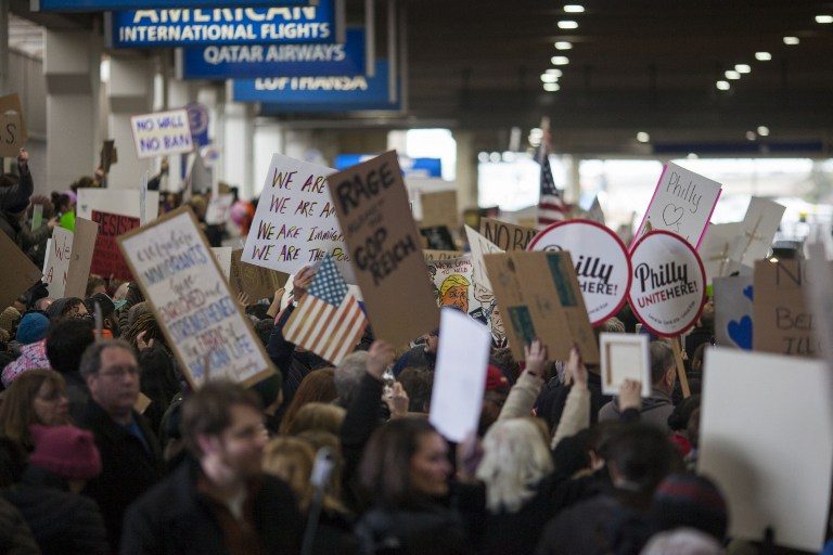 Demonstrators at Philadelphia International Airport protest against President Donald Trump's executive order banning Muslim immigration on January 29, 2017 in Philadelphia, Pennsylvania. Jessica Kourkounis/Getty Images/AFP 