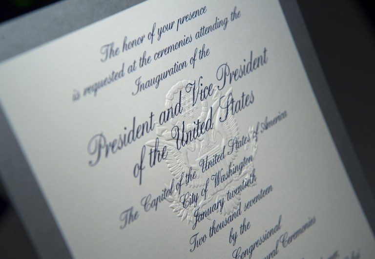 YOU'RE INVITED. An invitation to the 58th Presidential inauguration for Donald Trump is pictured in Washington DC, on January 17, 2017. Andrew Caballero-Reynolds/AFP 