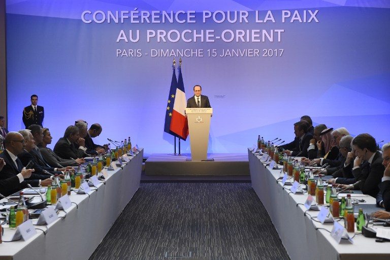 French President Francois Hollande delivers a speech at the Mideast peace conference in Paris on January 15, 2017. Bertrand Guay/Pool/AFP 