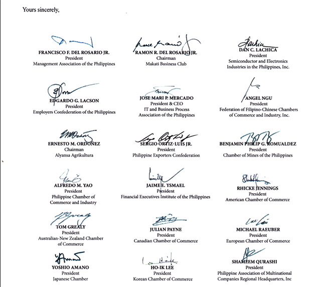 A snapshot of the the Philippine Business Groups and the Joint Foreign Chambers' signatories 