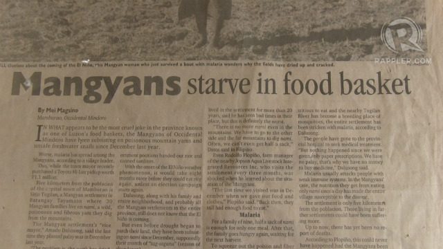 DEVELOPMENT ISSUE. This photo shows an article about the Mangyans written by Mei Magsino. Photo by Buena Bernal/Rappler  