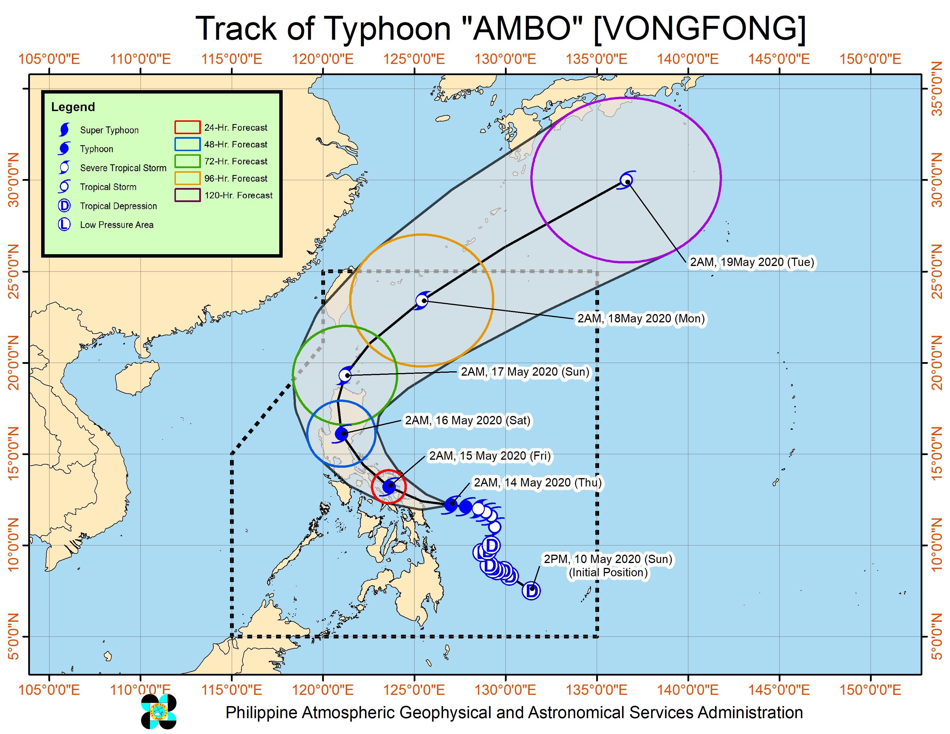 Forecast track of Typhoon Ambo (Vongfong) as of May 14, 2020, 5 am. Image from PAGASA 