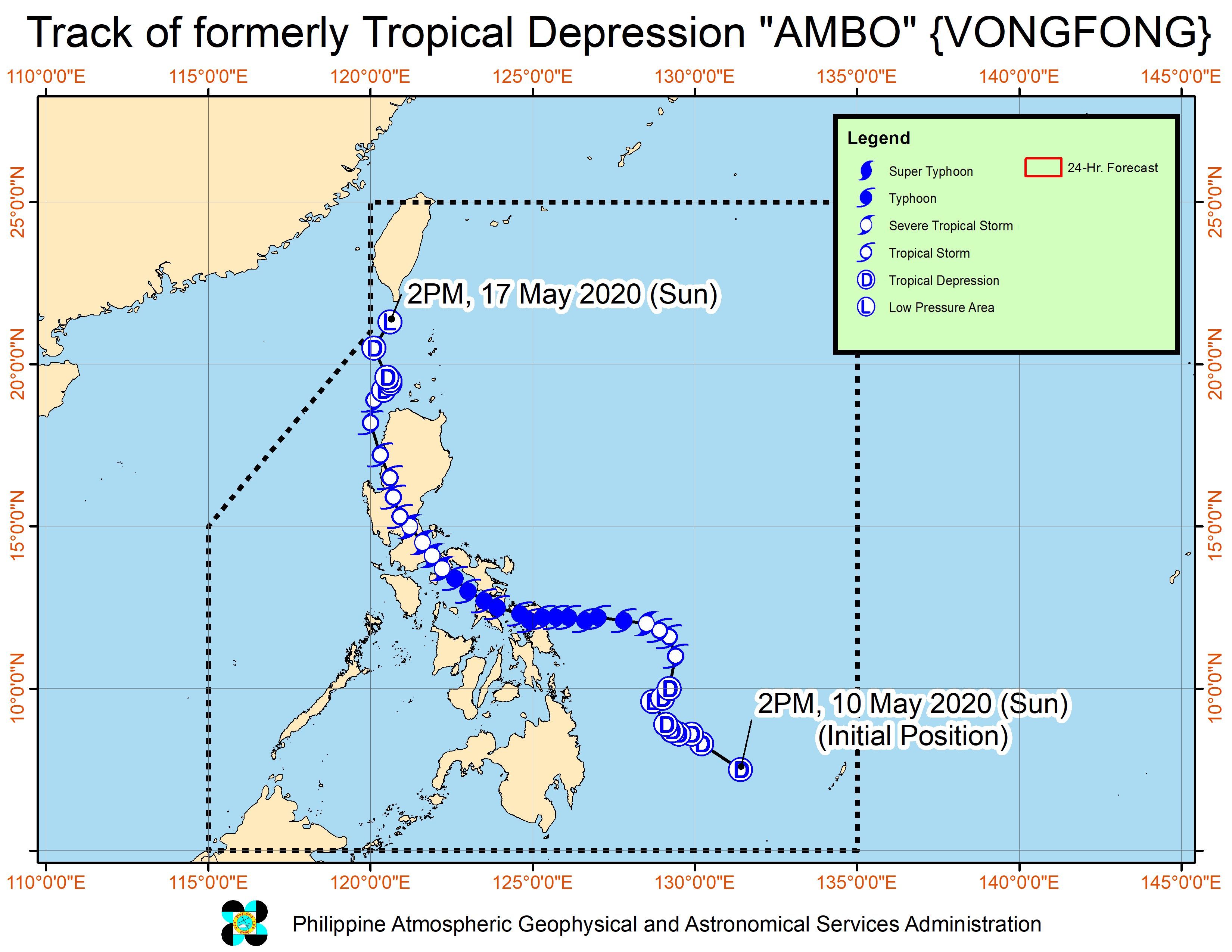 Forecast track of the low pressure area which used to be Ambo (Vongfong), as of May 17, 2020, 5 pm. Image from PAGASA 