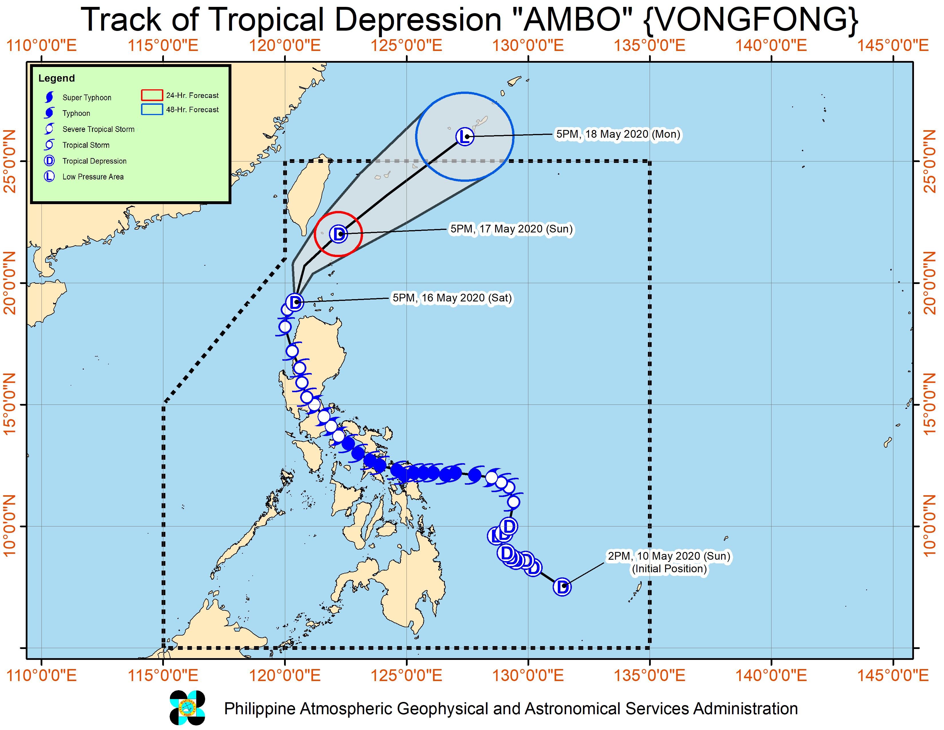 Forecast track of Tropical Depression Ambo (Vongfong) as of May 16, 2020, 8 pm. Image from PAGASA 