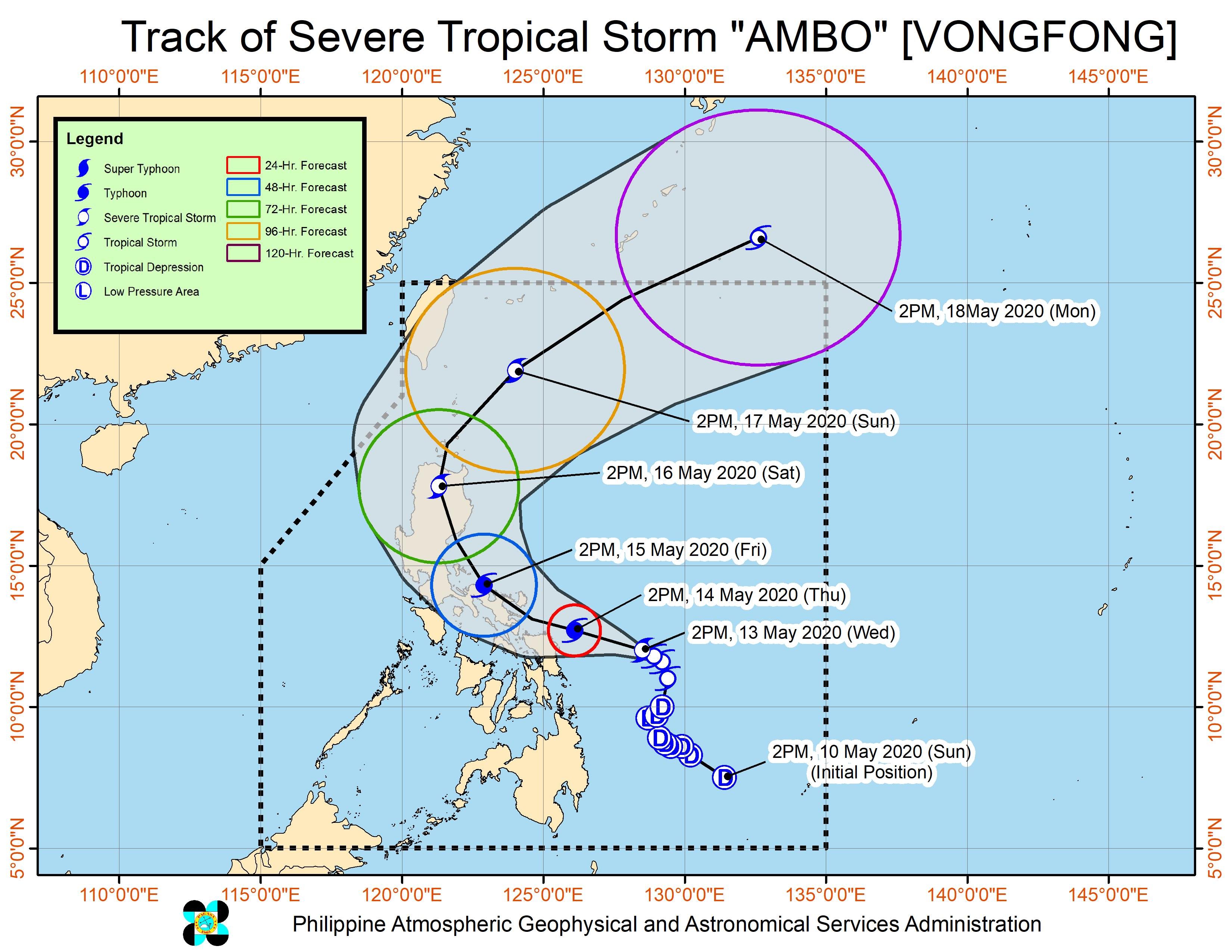 Forecast track of Severe Tropical Storm Ambo (Vongfong) as of May 13, 2020, 5 pm. Image from PAGASA 