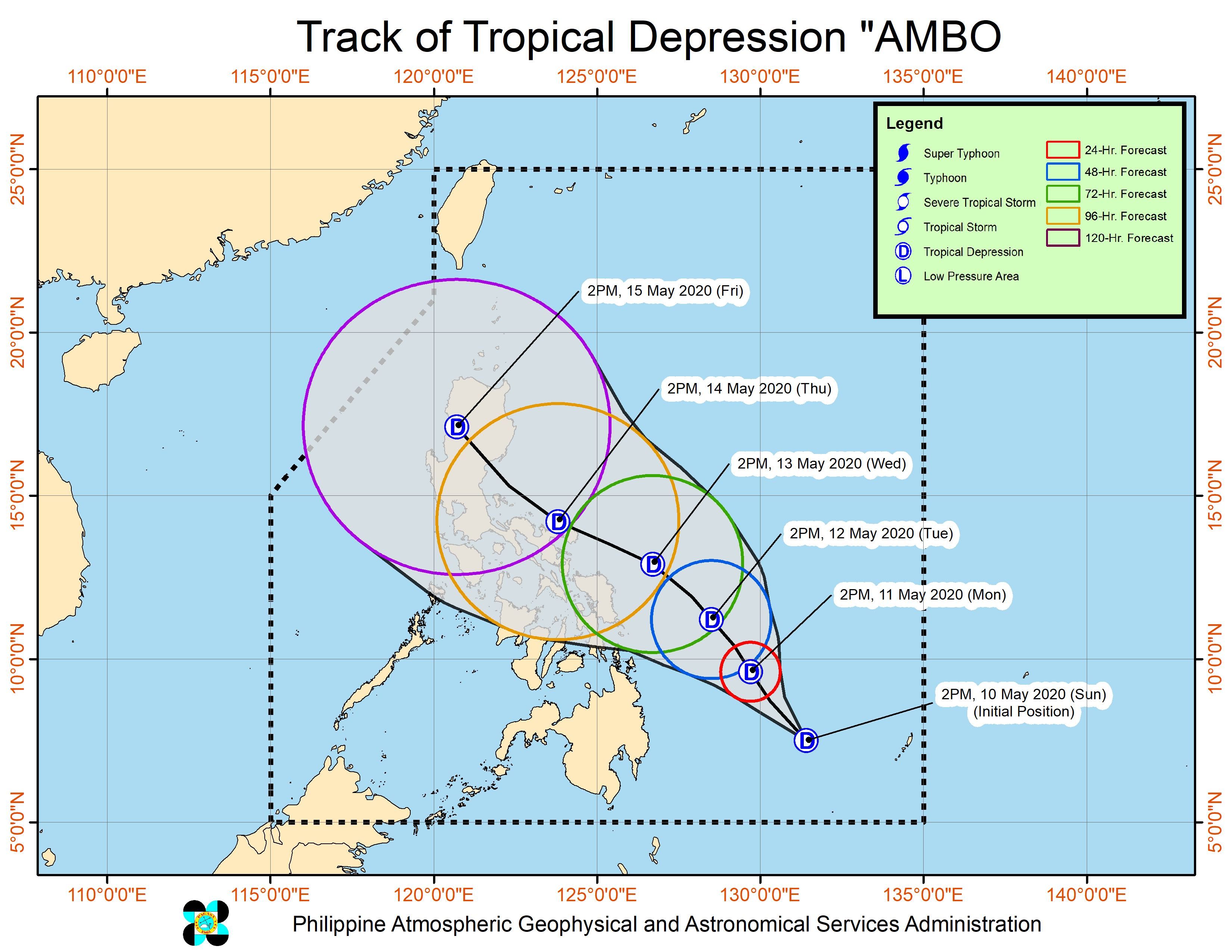 Forecast track of Tropical Depression Ambo as of May 10, 2020, 5 pm. Image from PAGASA 