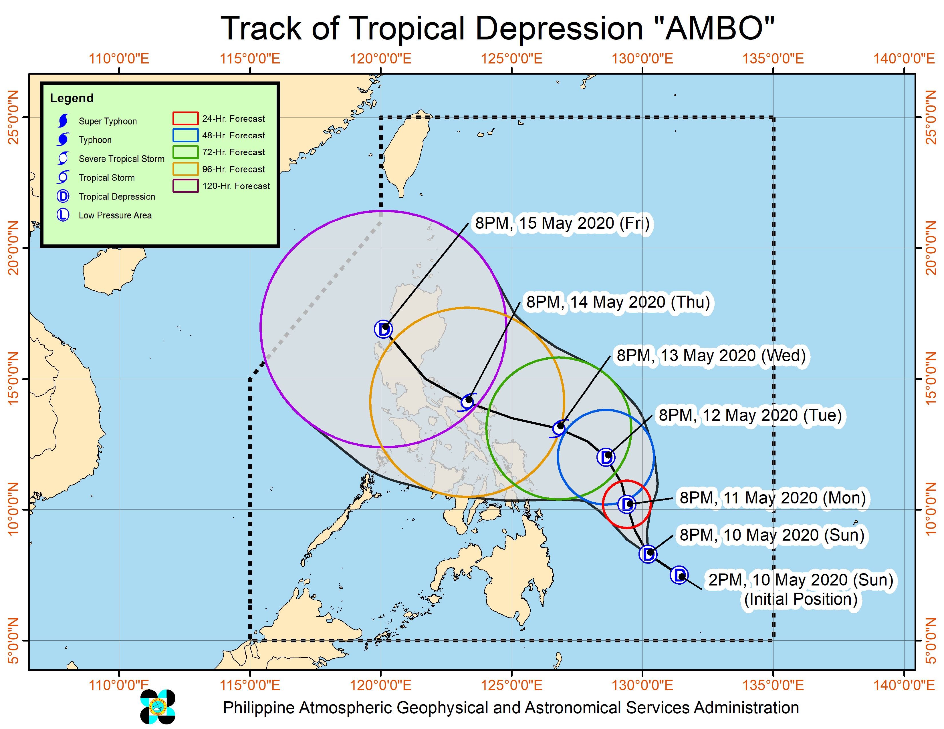 Forecast track of Tropical Depression Ambo as of May 10, 2020, 11 pm. Image from PAGASA 