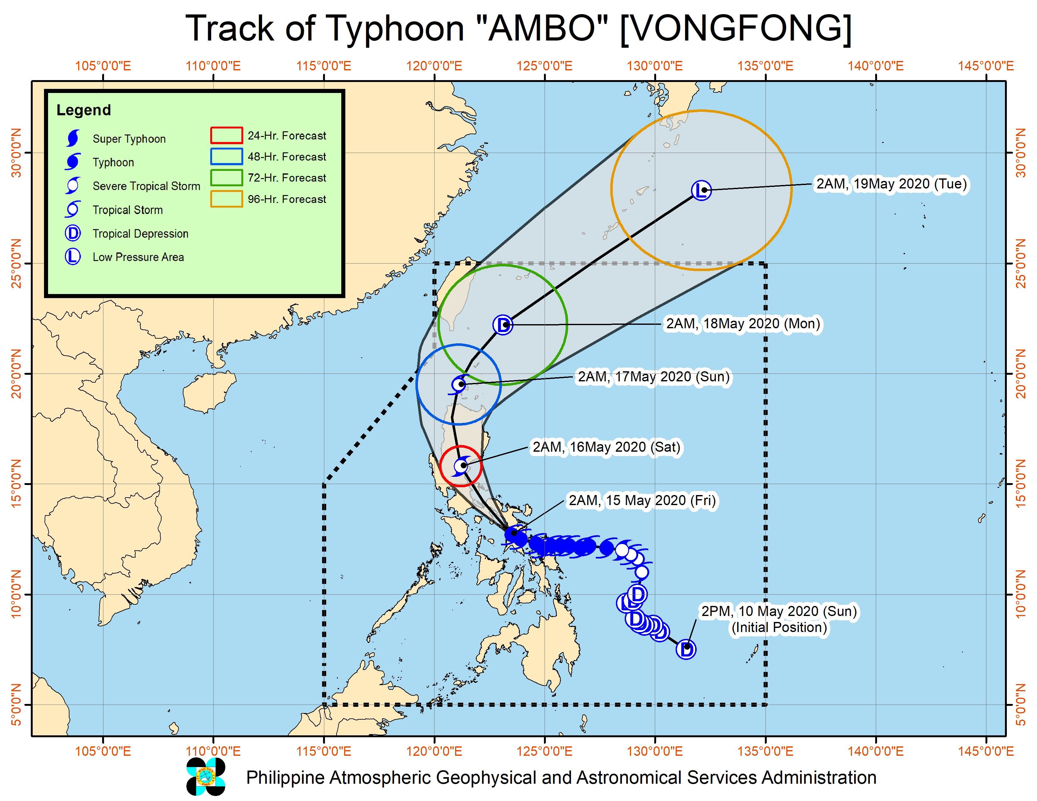 Forecast track of Typhoon Ambo (Vongfong) as of May 15, 2020, 5 am. Image from PAGASA 