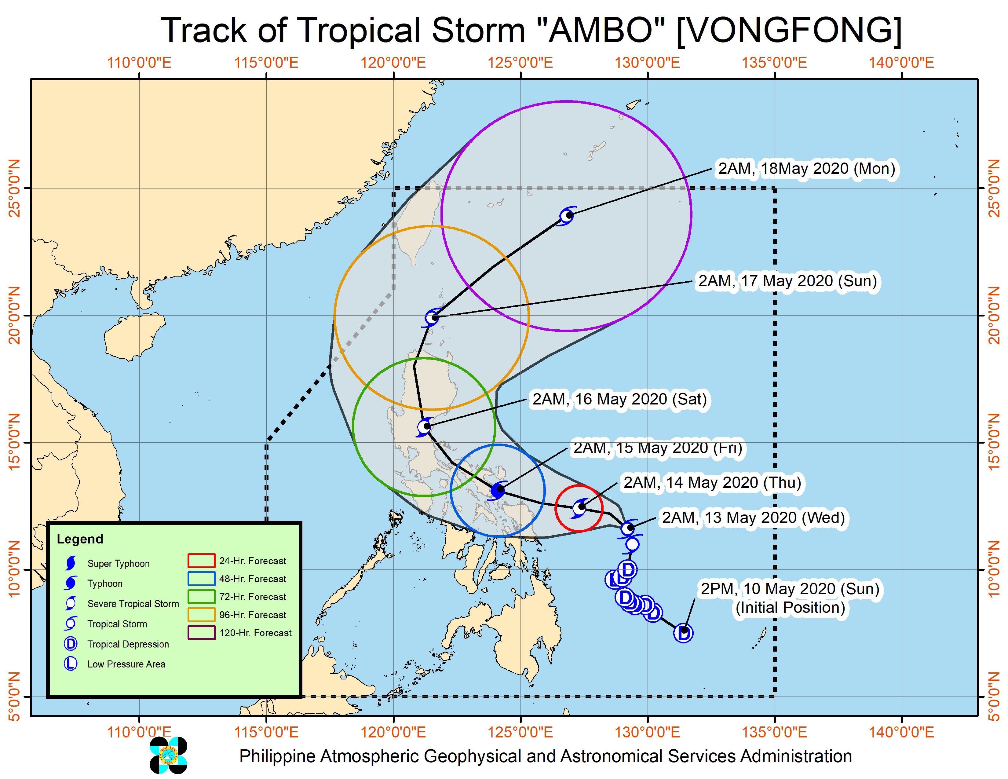 Forecast track of Tropical Storm Ambo (Vongfong) as of May 13, 2020, 5 am. Image from PAGASA 
