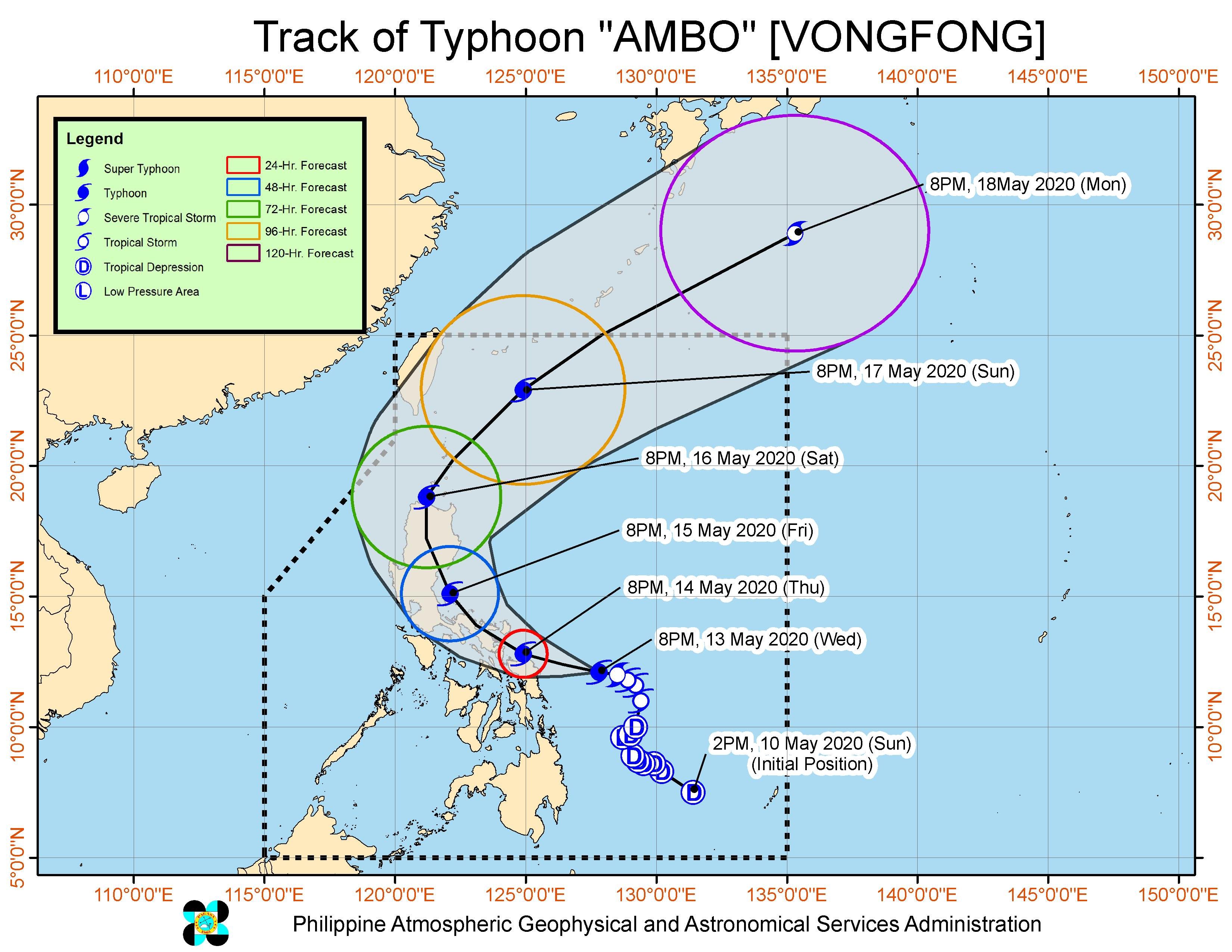 Forecast track of Typhoon Ambo (Vongfong) as of May 13, 2020, 11 pm. Image from PAGASA 