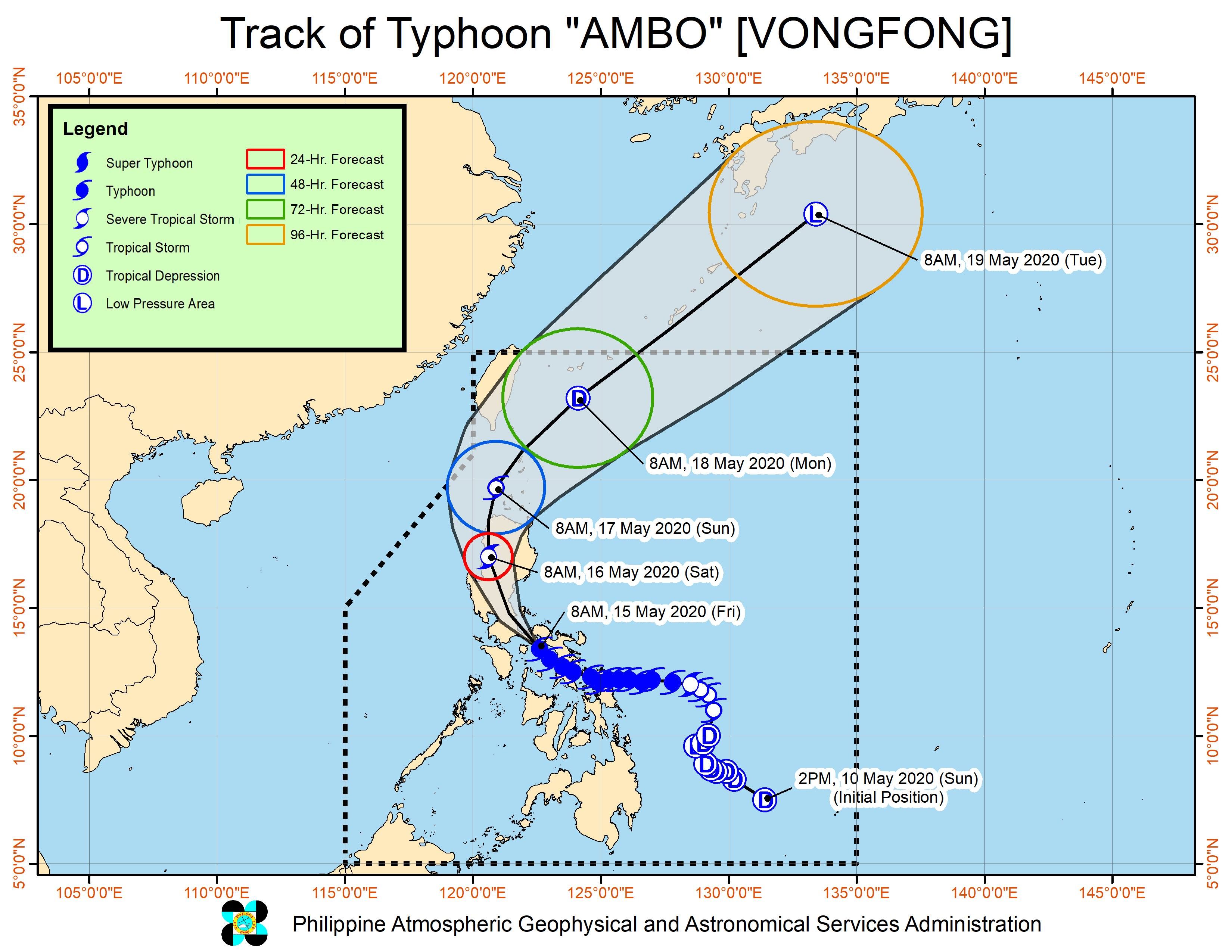 Forecast track of Typhoon Ambo (Vongfong) as of May 15, 2020, 11 am. Image from PAGASA 