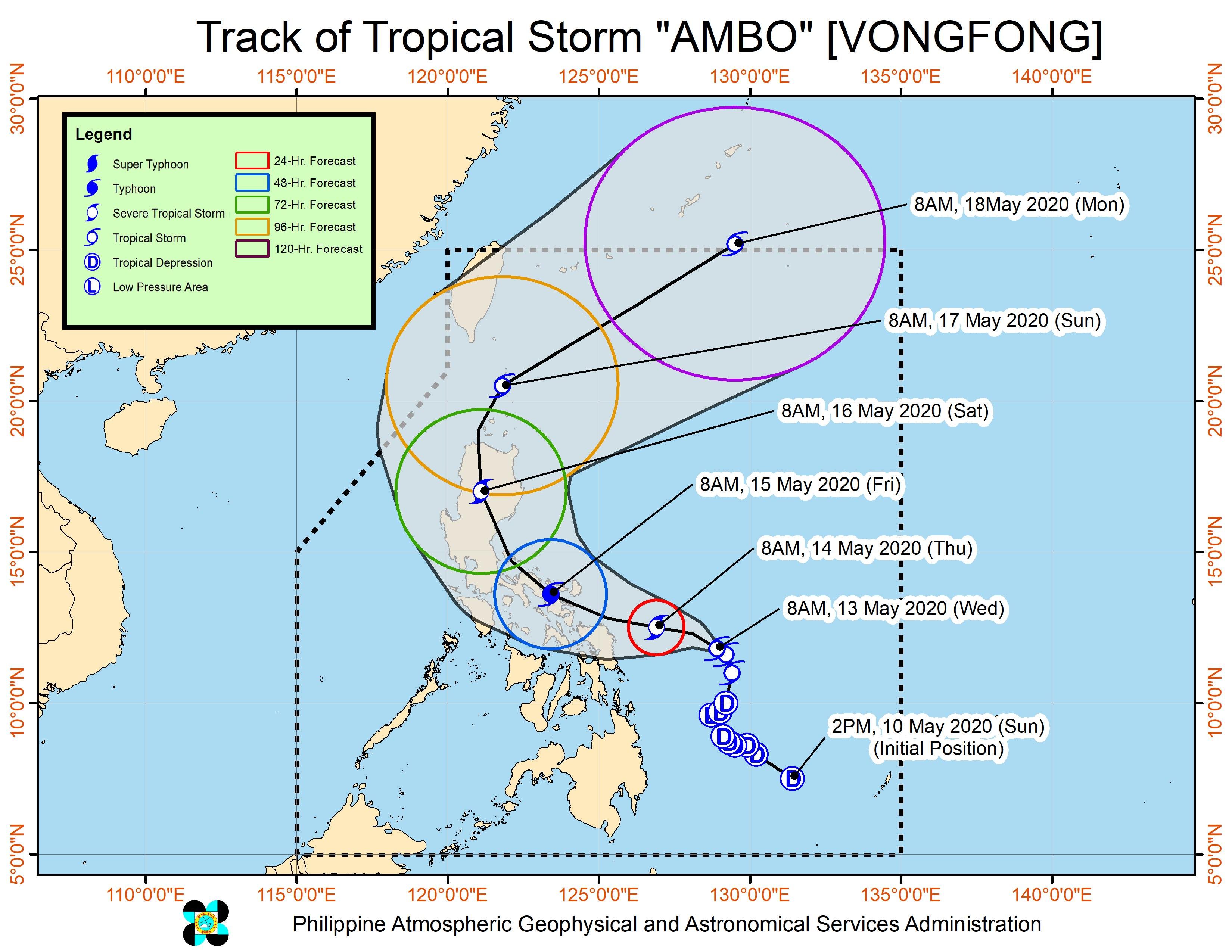 Forecast track of Tropical Storm Ambo (Vongfong) as of May 13, 2020, 11 am. Image from PAGASA 