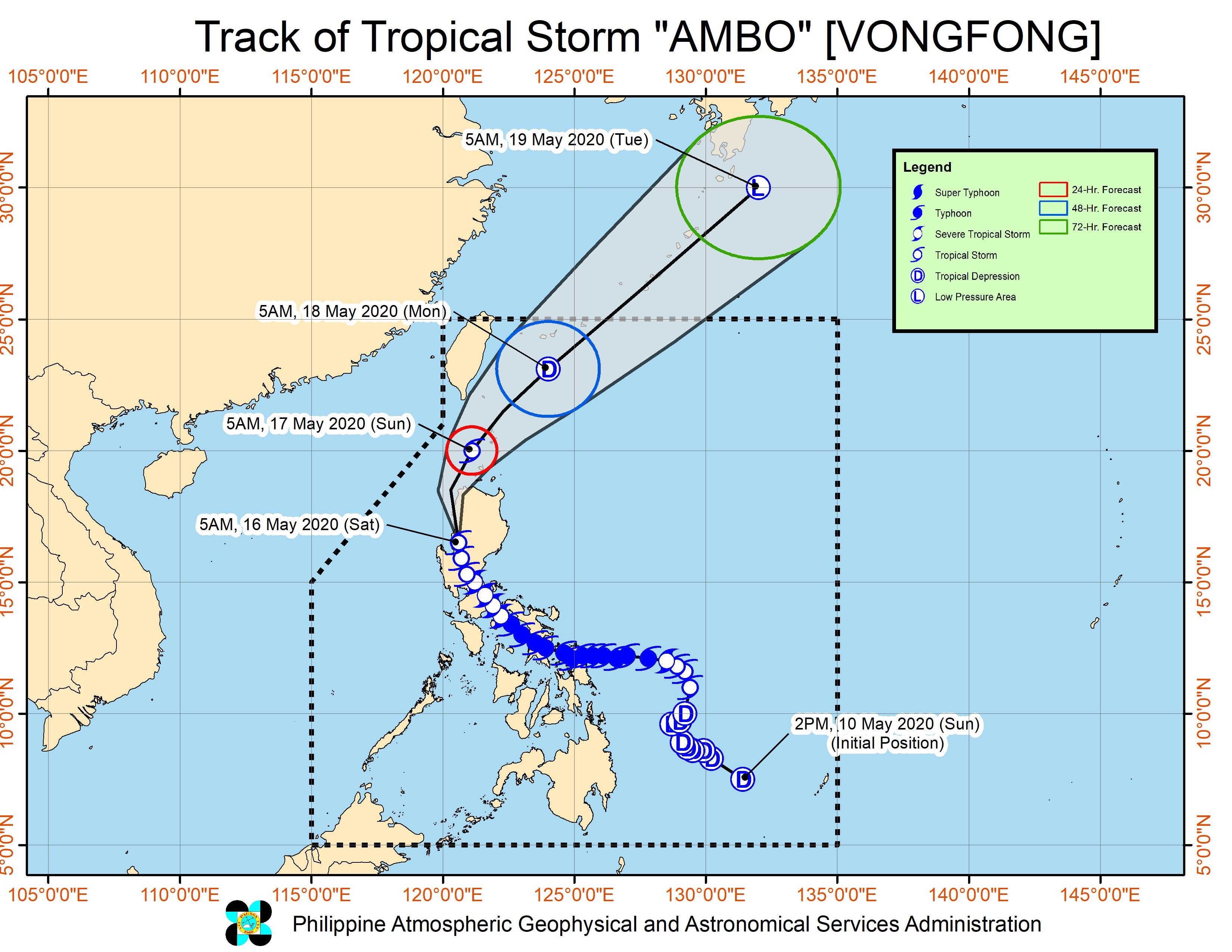 Forecast track of Tropical Storm Ambo (Vongfong) as of May 16, 2020, 8 am. Image from PAGASA 