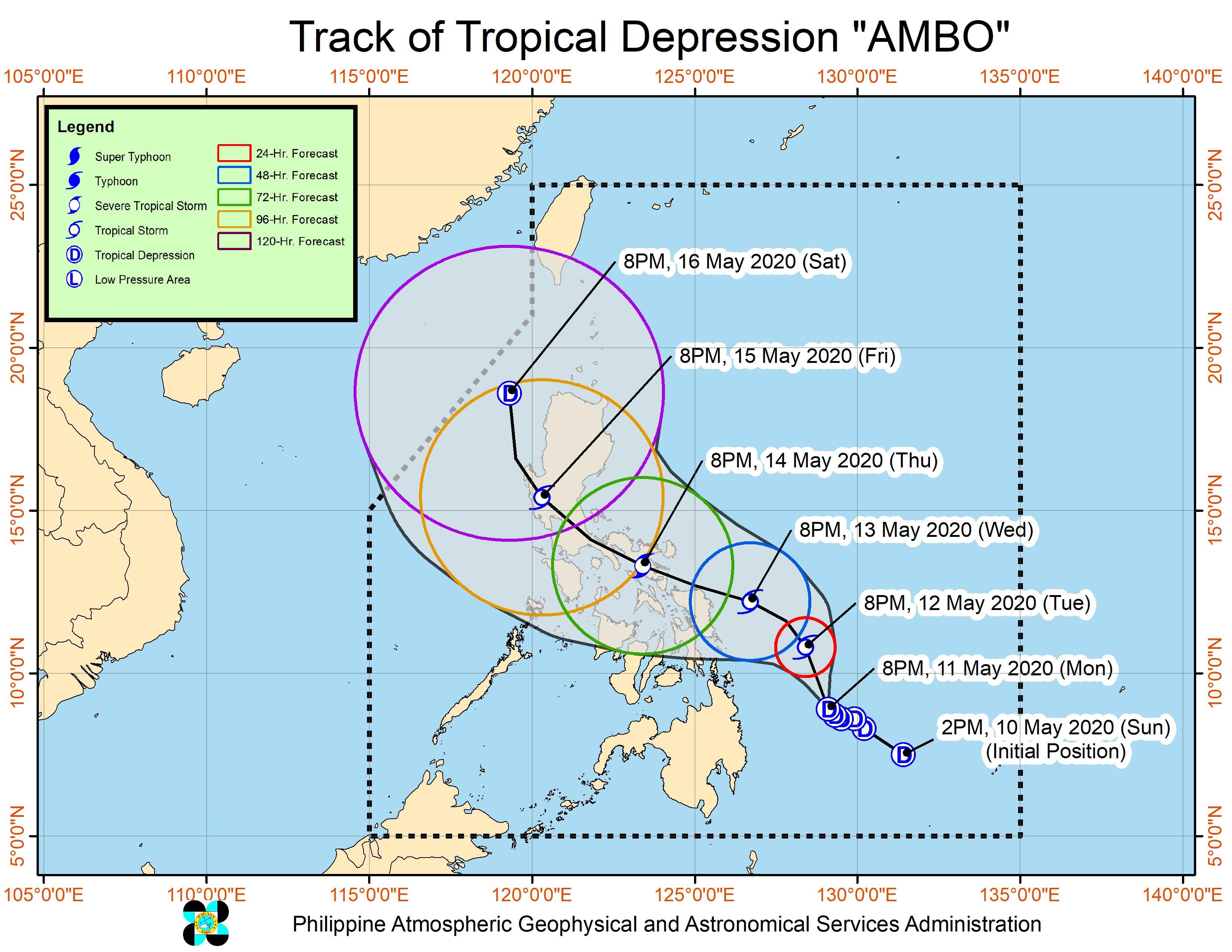Forecast track of Tropical Depression Ambo as of May 11, 2020, 11 pm. Image from PAGASA 