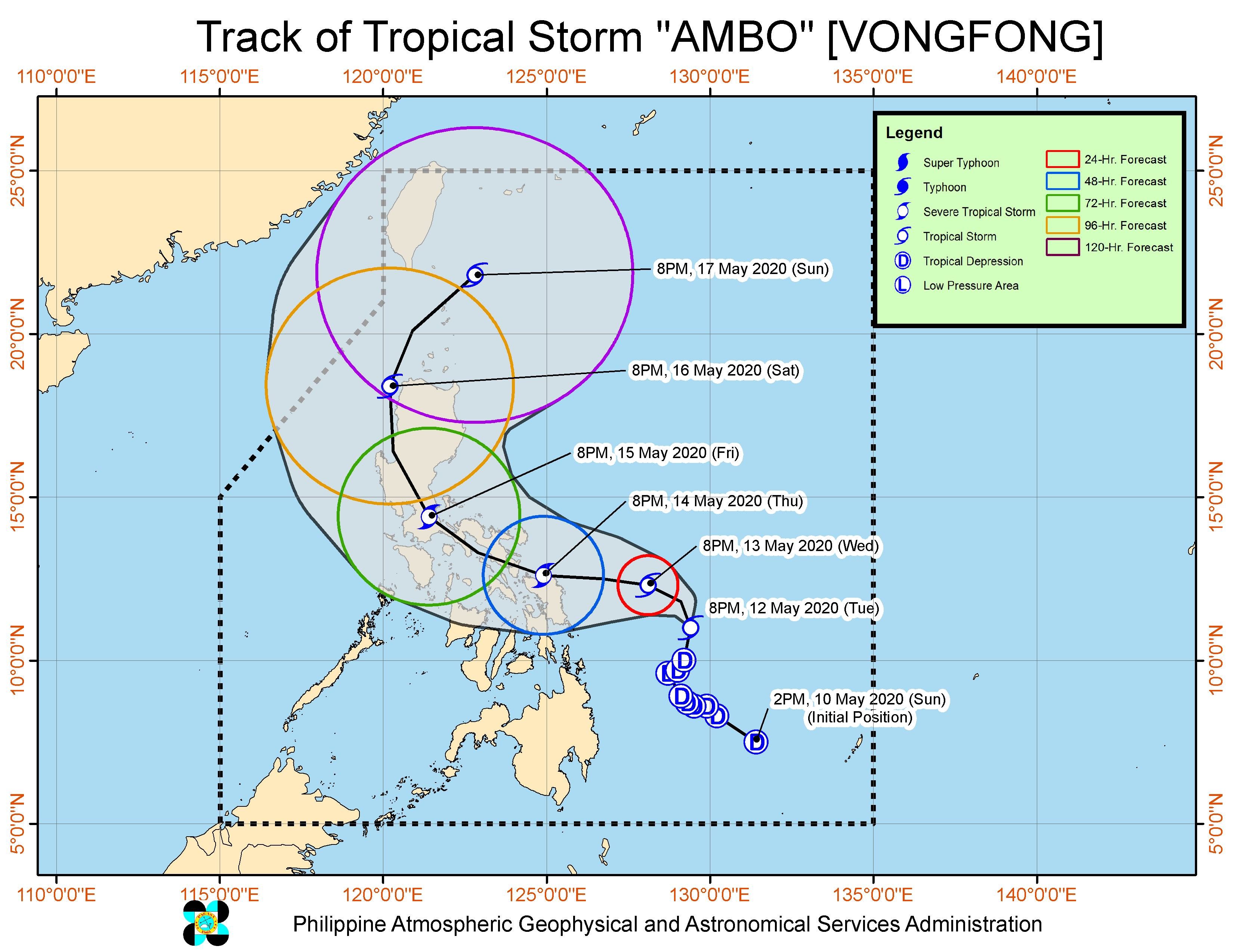 Forecast track of Tropical Storm Ambo (Vongfong) as of May 12, 2020, 11 pm. Image from PAGASA 
