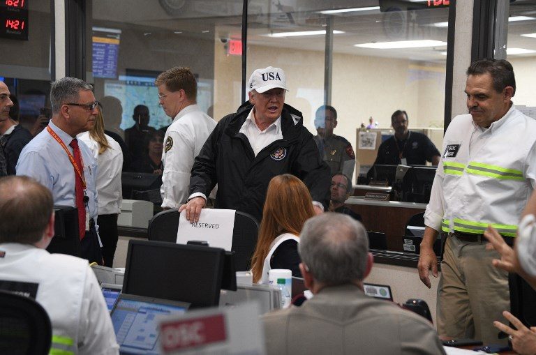 POTUS IN TEXAS. US President Donald Trump speaks at the Texas Department of Public Safety Emergency Operations Center in Austin, Texas on August 29, 2017, as rains from Hurricane Harvey continue to flood parts of Texas. Jim Watson/AFP 