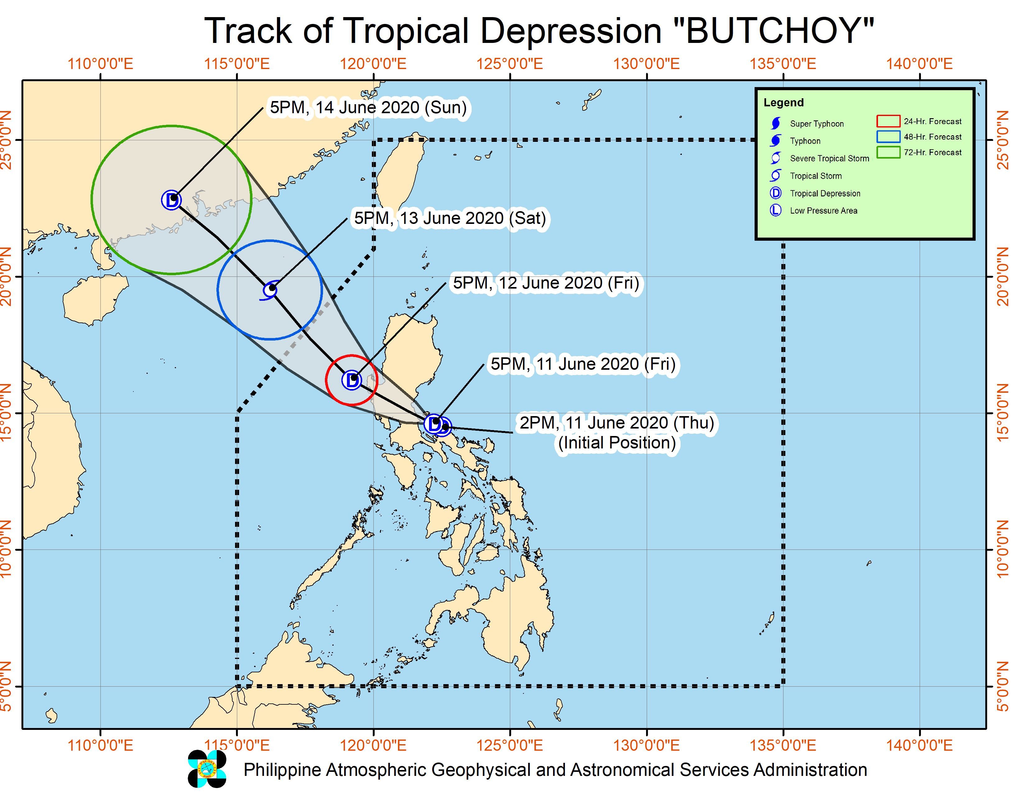 Forecast track of Tropical Depression Butchoy as of June 11, 2020, 8 pm. Image from PAGASA 