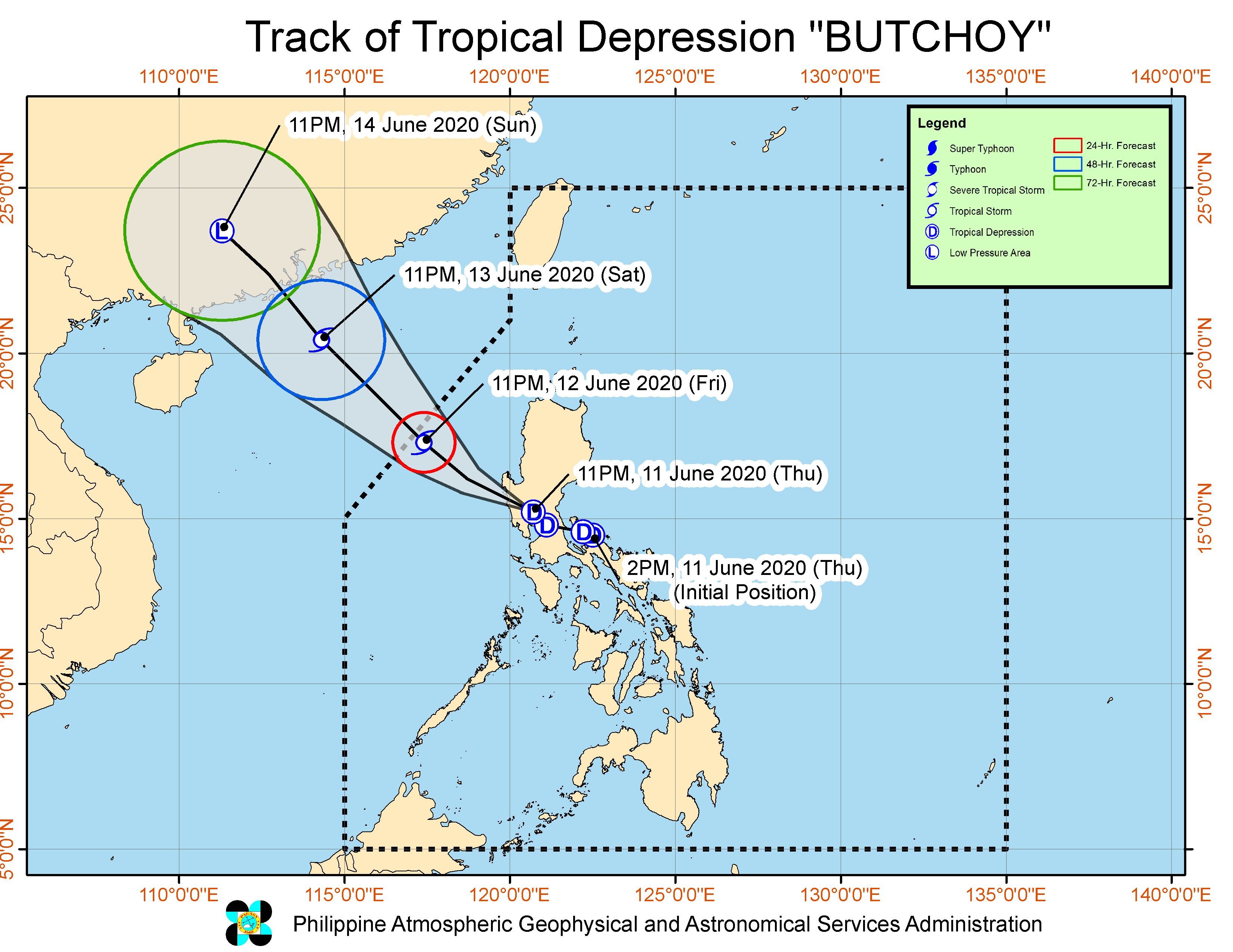 Forecast track of Tropical Depression Butchoy as of June 12, 2020, 2 am. Image from PAGASA 