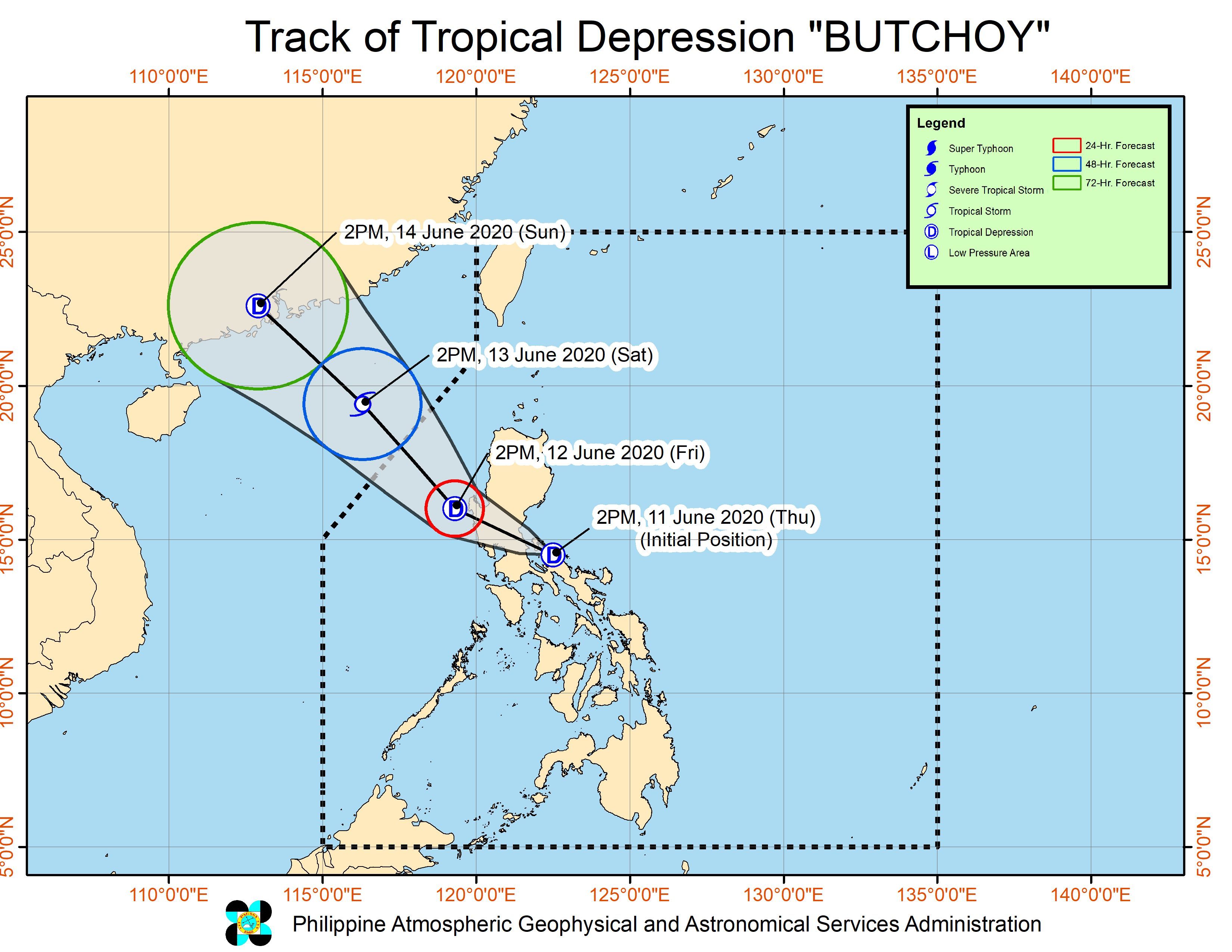 Forecast track of Tropical Depression Butchoy as of June 11, 2020, 5 pm. Image from PAGASA 