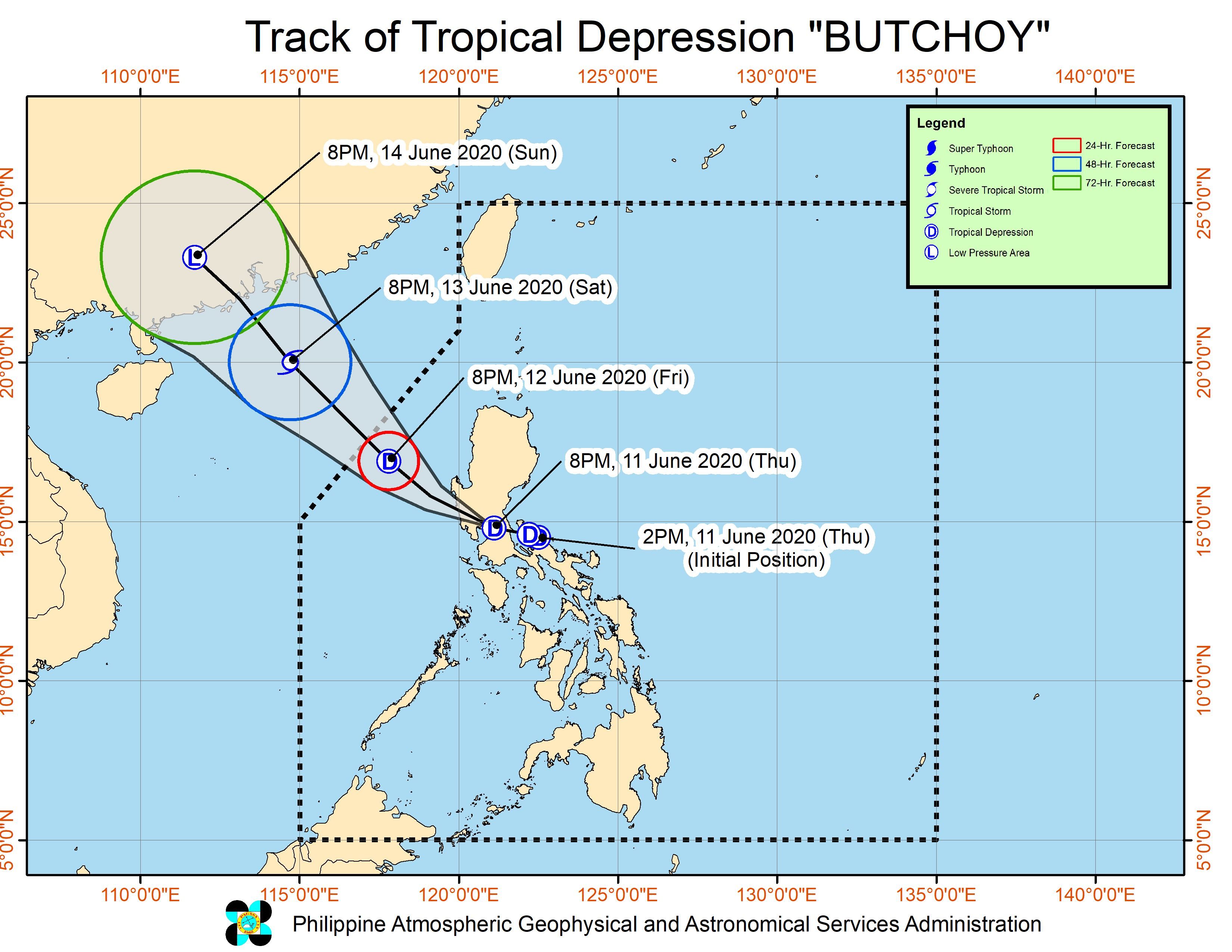 Forecast track of Tropical Depression Butchoy as of June 11, 2020, 11 pm. Image from PAGASA 