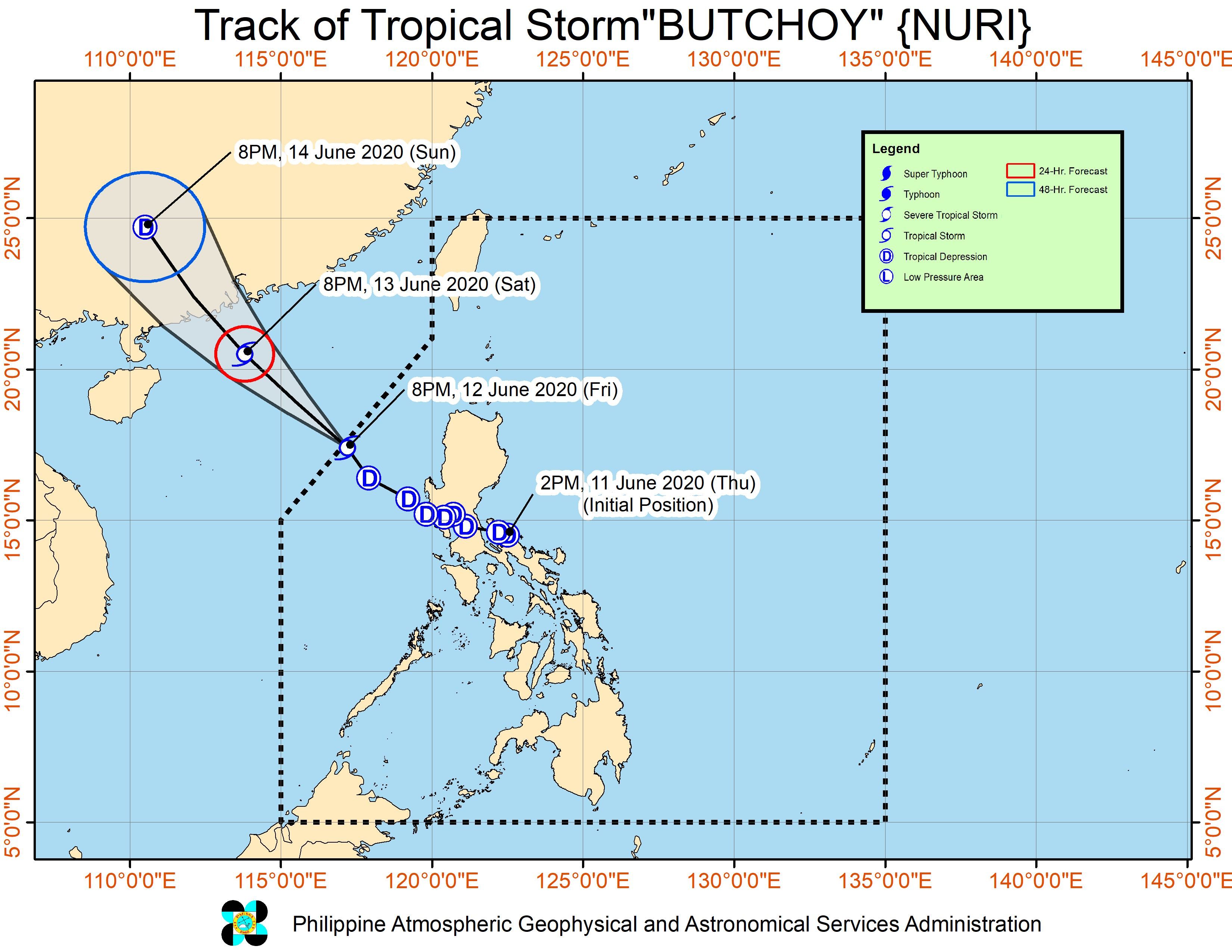 Forecast track of Tropical Storm Butchoy (Nuri) as of June 12, 2020, 11 pm. Image from PAGASA 