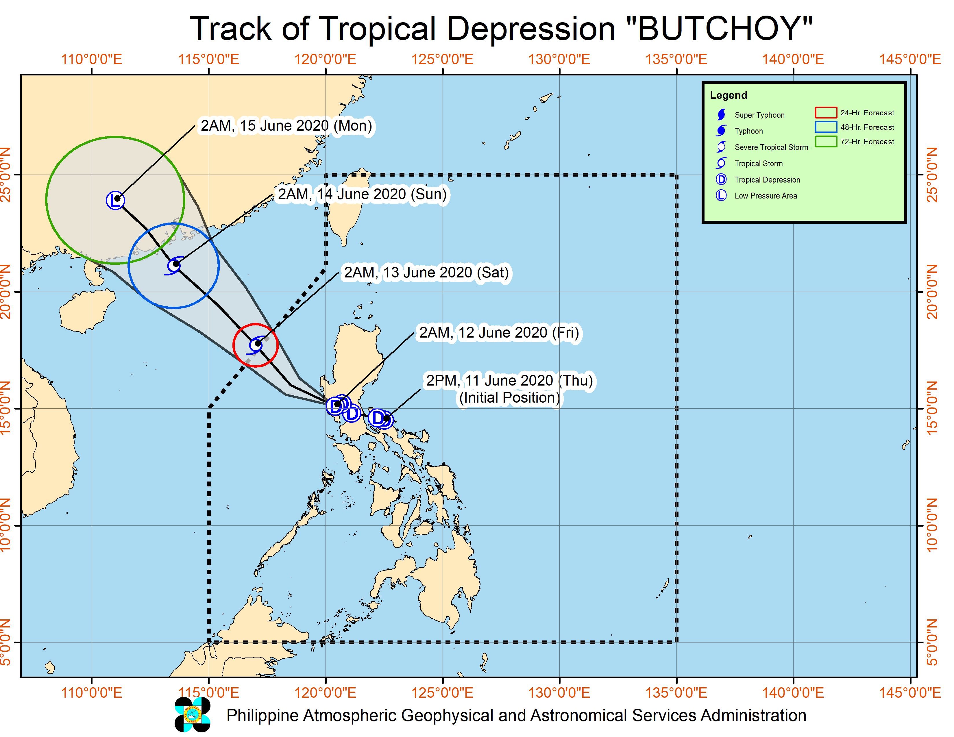 Forecast track of Tropical Depression Butchoy as of June 12, 2020, 5 am. Image from PAGASA 