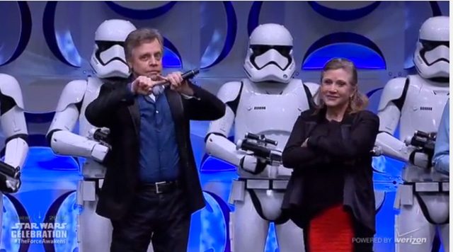 Carrie Fisher with Mark Hamill during the 'Star Wars' Celebration. Screengrab from YouTube 