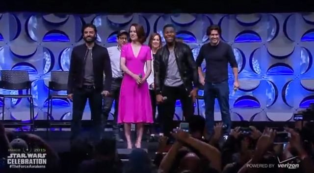 NEW FACES. From left: Oscar Isaac, director JJ Abrams, Daisy Ridley, producer Kathleen Kennedy, John Boyega. Screengrab from YouTube 