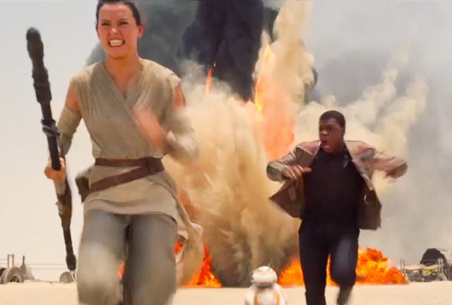 RUN! Rey and Finn run from danger. Screengrab from YouTube 