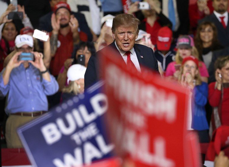 FINISH THE WALL. President Donald Trump speaks during a rally at the El Paso County Coliseum on February 11, 2019 in El Paso, Texas for his campaign for a wall to be built along the border as the Democrats in Congress are asking for other border security measures. Photo by Joe Raedle/Getty Images/AFP   