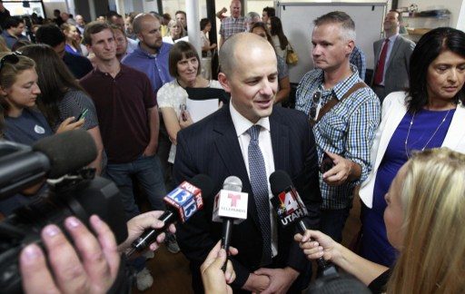 'BETTER CHOICE.' Former CIA agent Evan McMullin talks to to the media after announcing his presidential campaign as an Independent candidate on August 10, 2016 in Salt Lake City, Utah. File photo by George Frey/Getty Images/AFP  