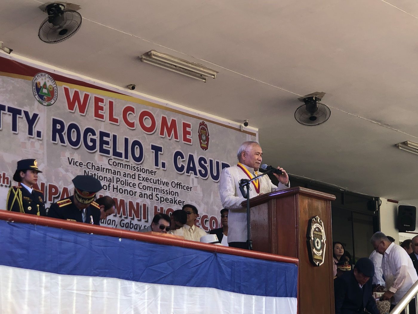 VIP. Guest of honor Napolcom Vice Chairman Rogelio Casurao delivers his speech at the PNP Academy Homecoming 2019. Photo by Sofia Tomacruz/Rappler 