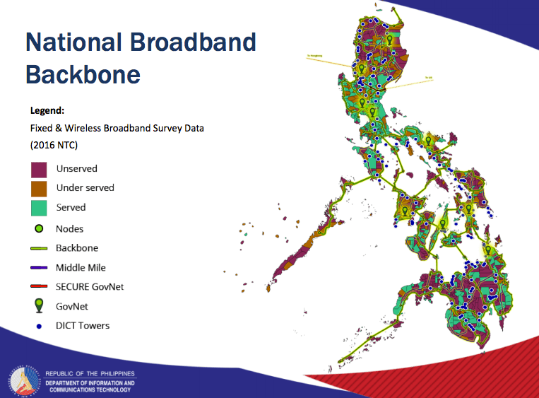 CURRENT PICTURE. The maroon-colored parts represent areas not yet reached adequately by broadband services. Illustration by DICT  